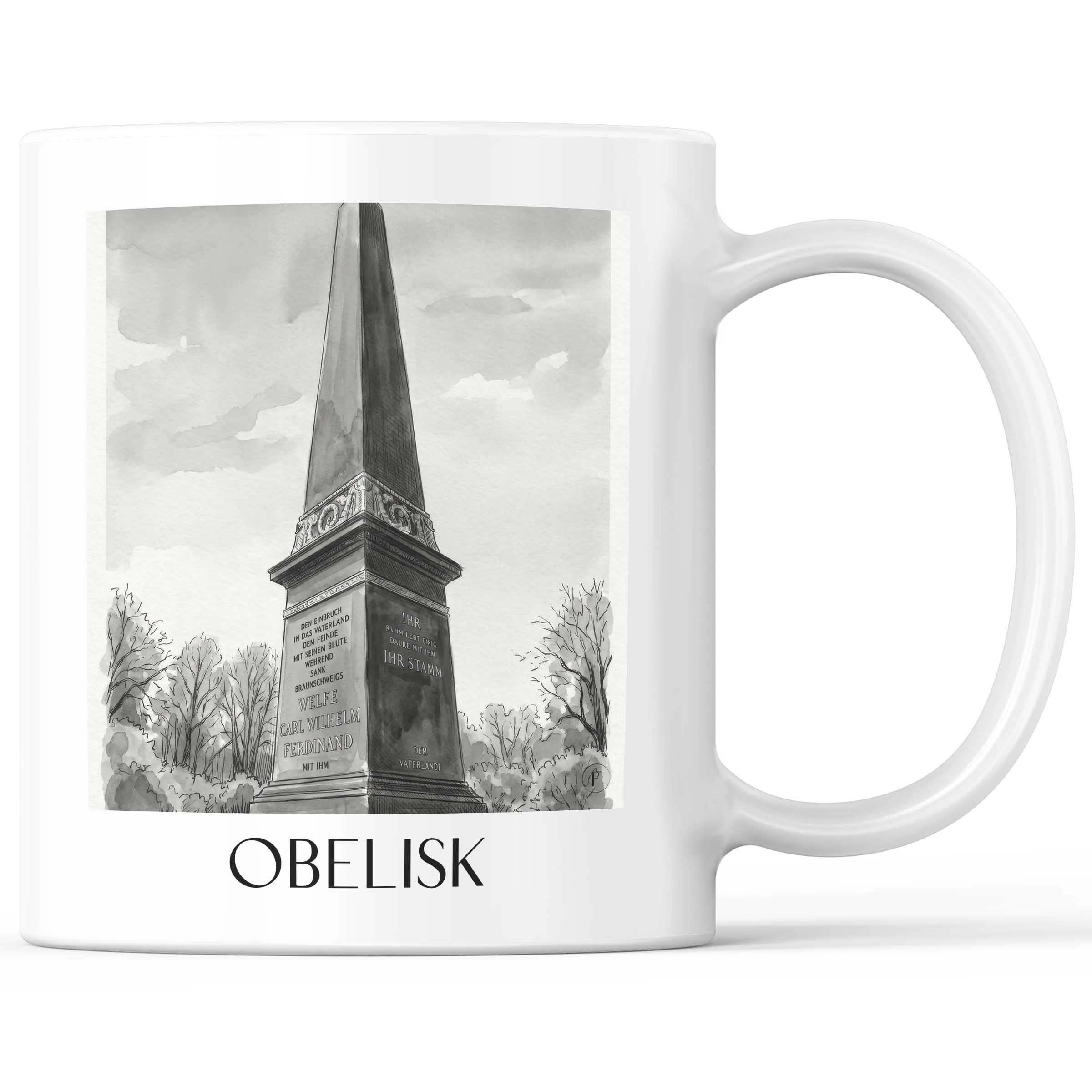 Obelisk Kaffeebecher - Braunschweig - Deutschland Becher - Kaffeetasse im Aquarell Schwarz-Weiß Stil