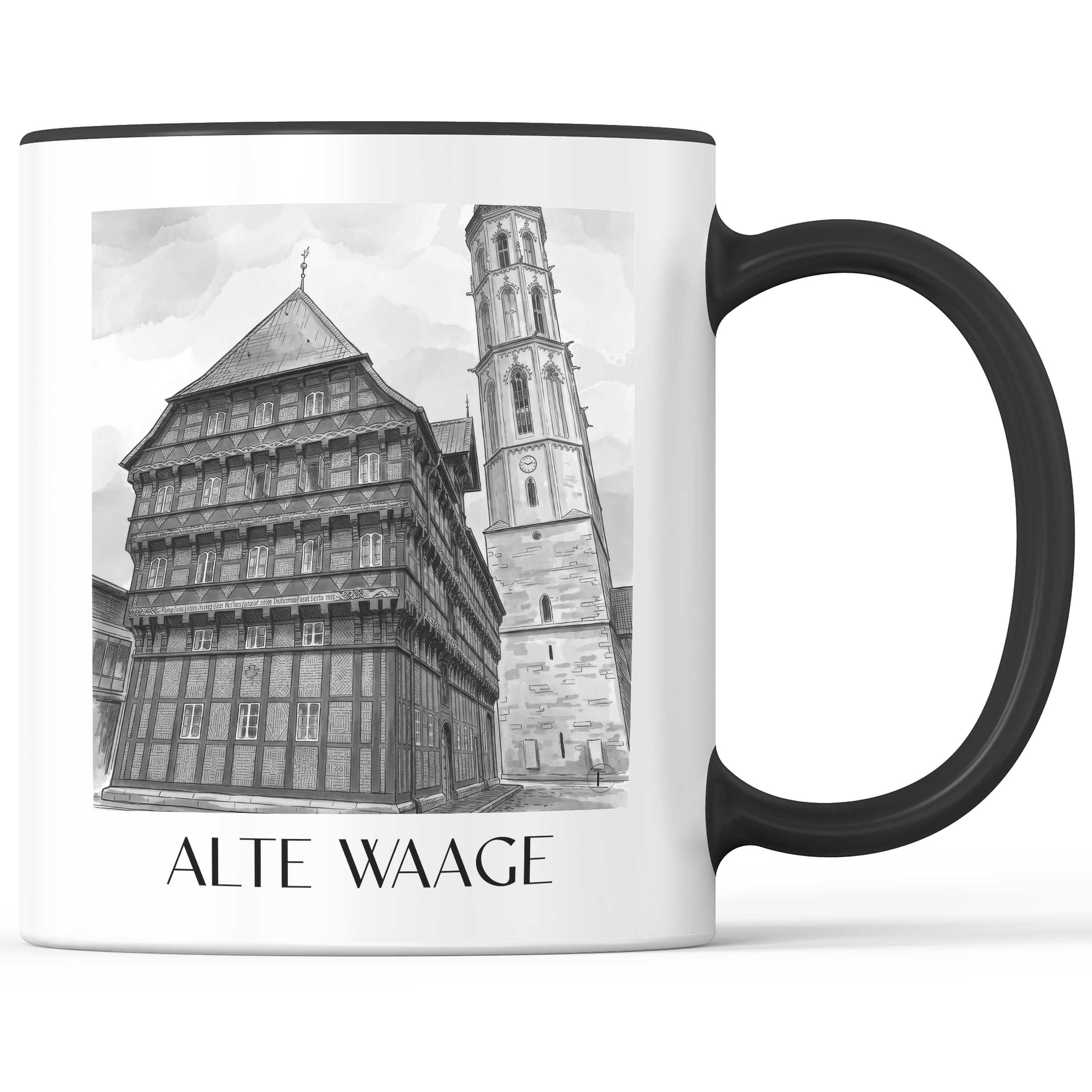 alte-waage-braunschweig-deutschland-kaffeebecher-aquarell-schwarz-weiss
