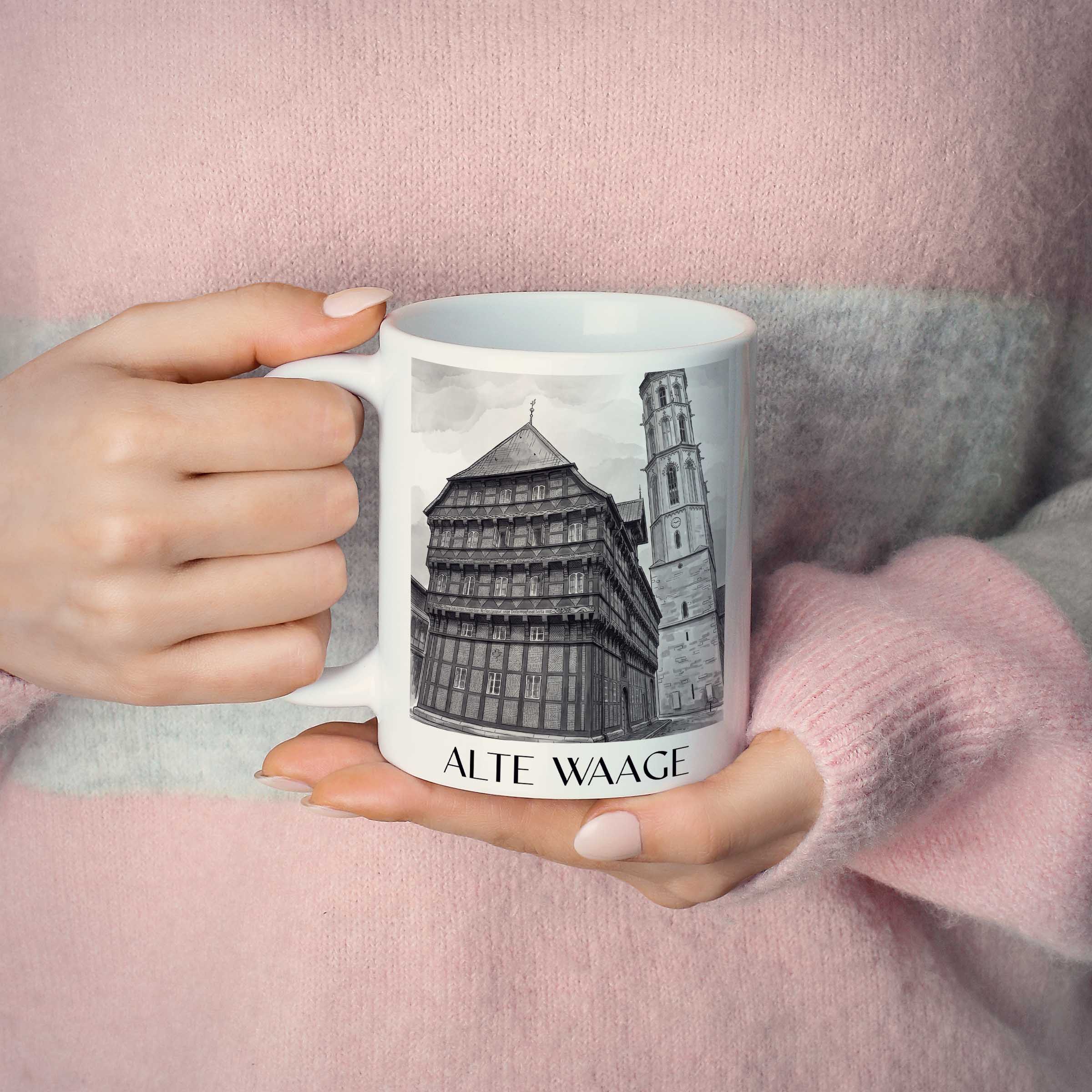 alte-waage-braunschweig-deutschland-kaffeebecher-aquarell-schwarz-weiss