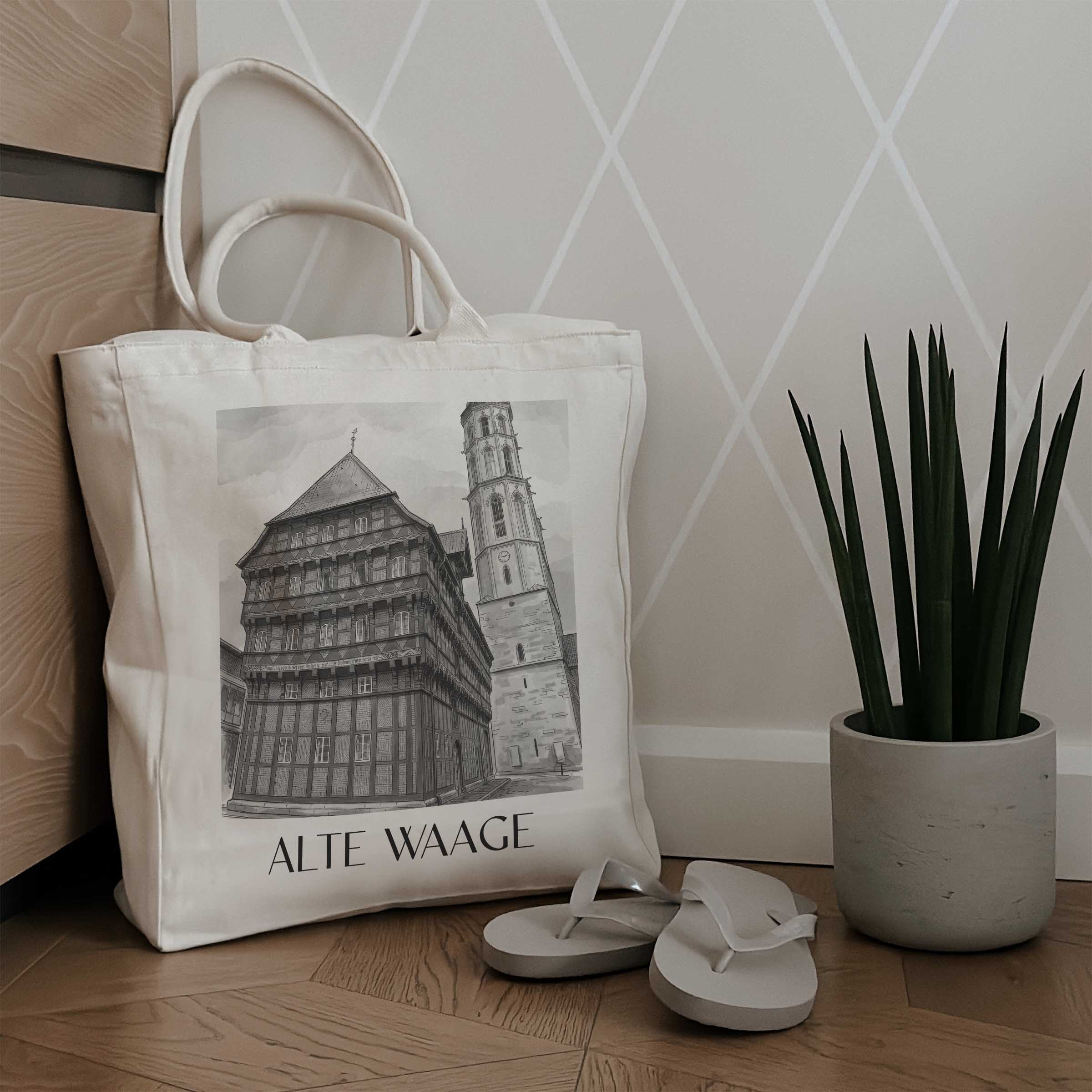 alte-waage-braunschweig-deutschland-einkaufstasche-aquarell-schwarz-weiss