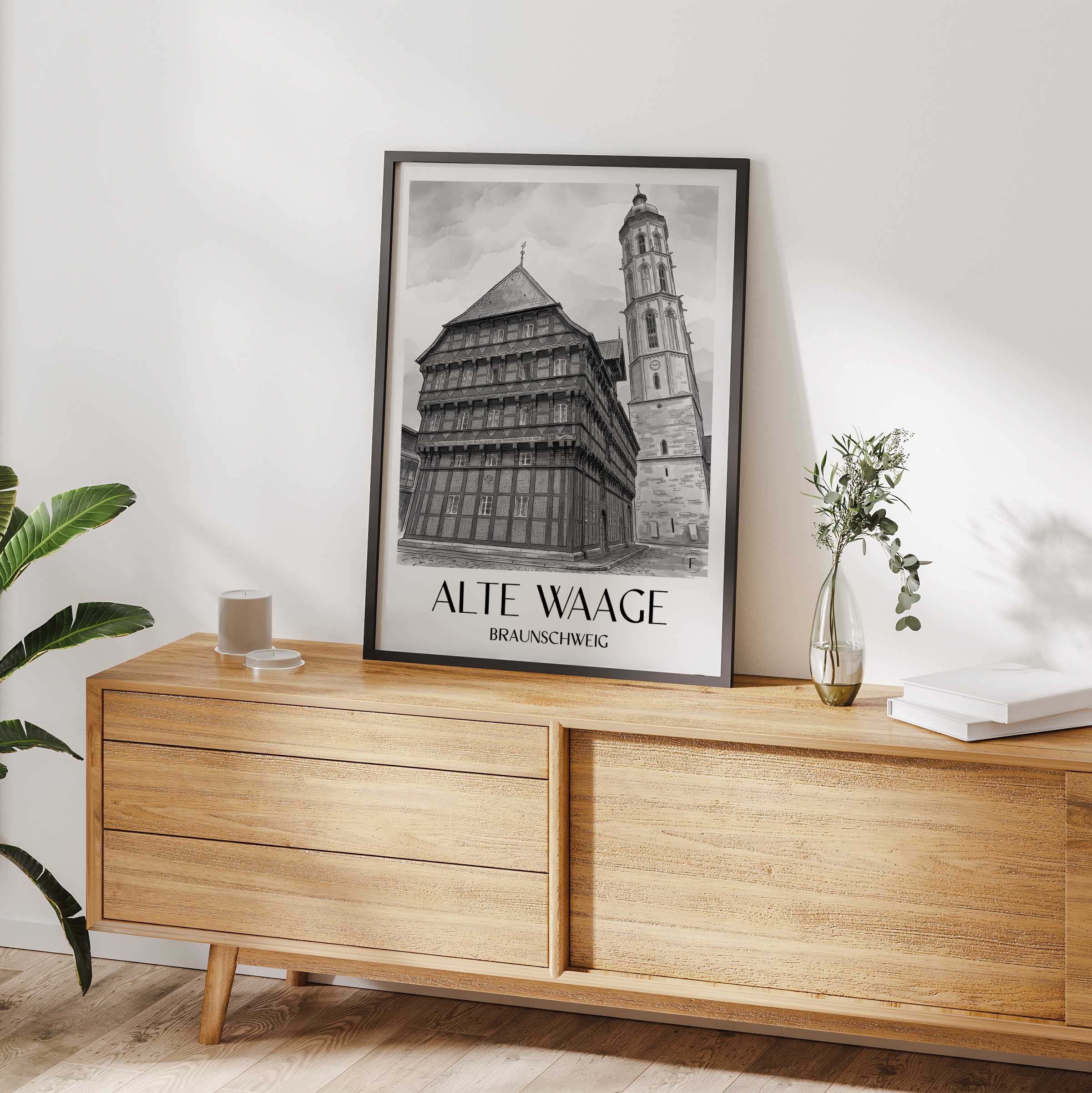 alte-waage-braunschweig-deutschland-poster-aquarell-schwarz-weiss