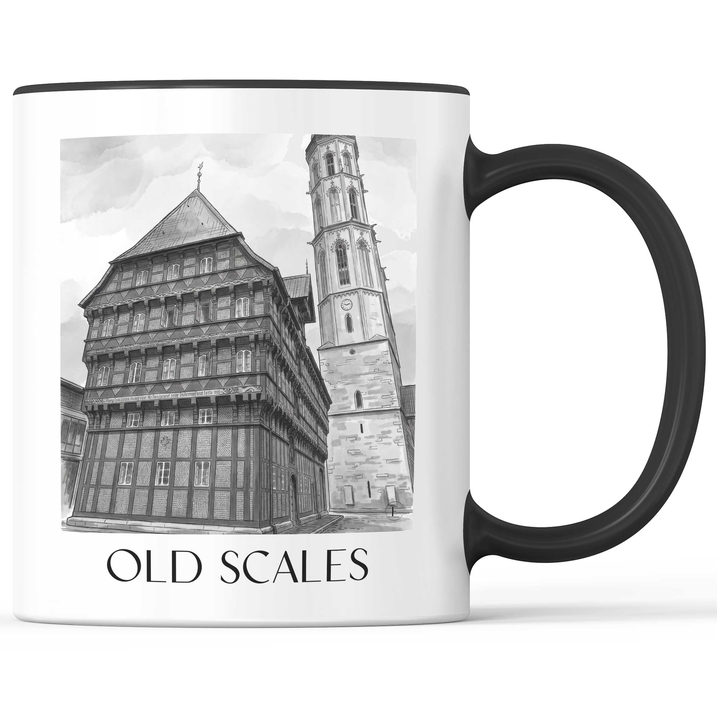 Alte Waage Kaffeebecher - Braunschweig - Deutschland Becher - Kaffeetasse im Aquarell Schwarz-Weiß Stil