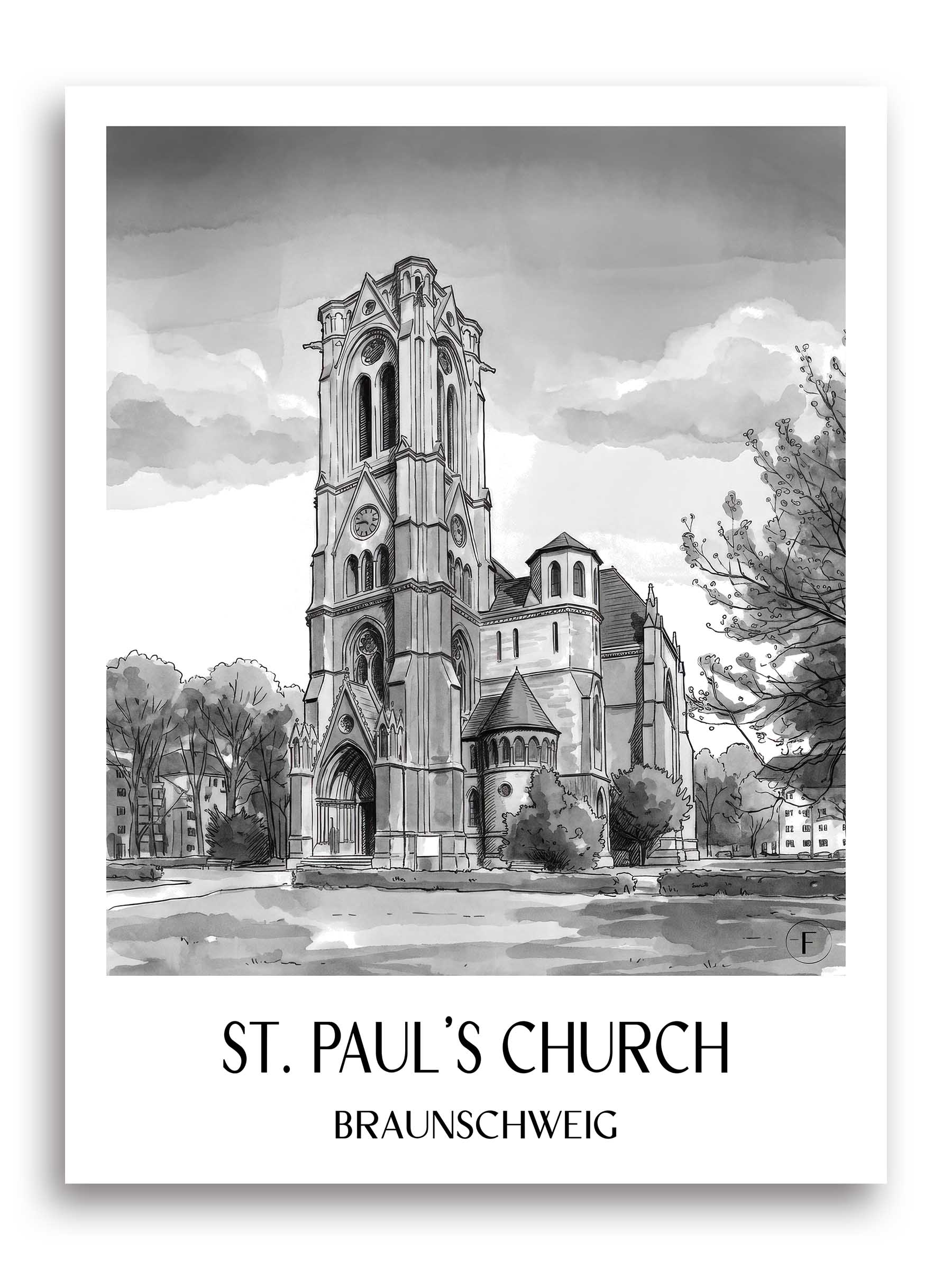 Sankt Pauli Kirche Poster - Braunschweig - Deutschland Kunstdruck - Aquarell Schwarz-Weiß von A4 bis A1
