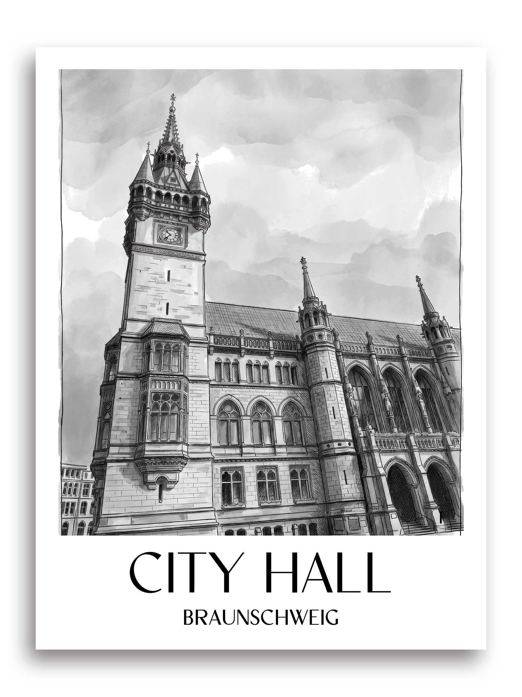 City Hall Poster - Braunschweig - Germany Art Print - Watercolor Black and White from A4 to A1