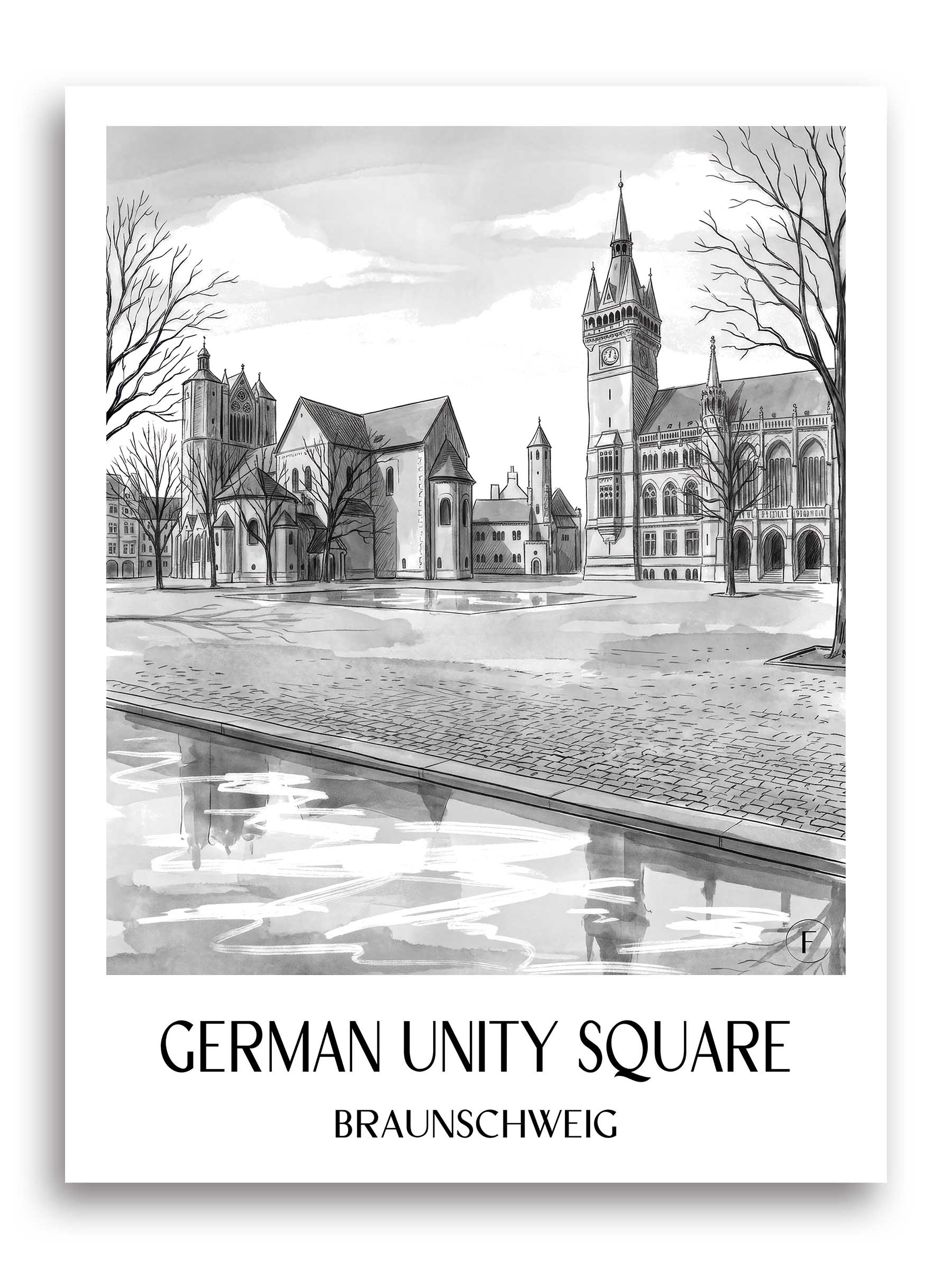 Platz der deutschen Einheit Poster - Braunschweig - Deutschland Kunstdruck - Aquarell Schwarz-Weiß von A4 bis A1