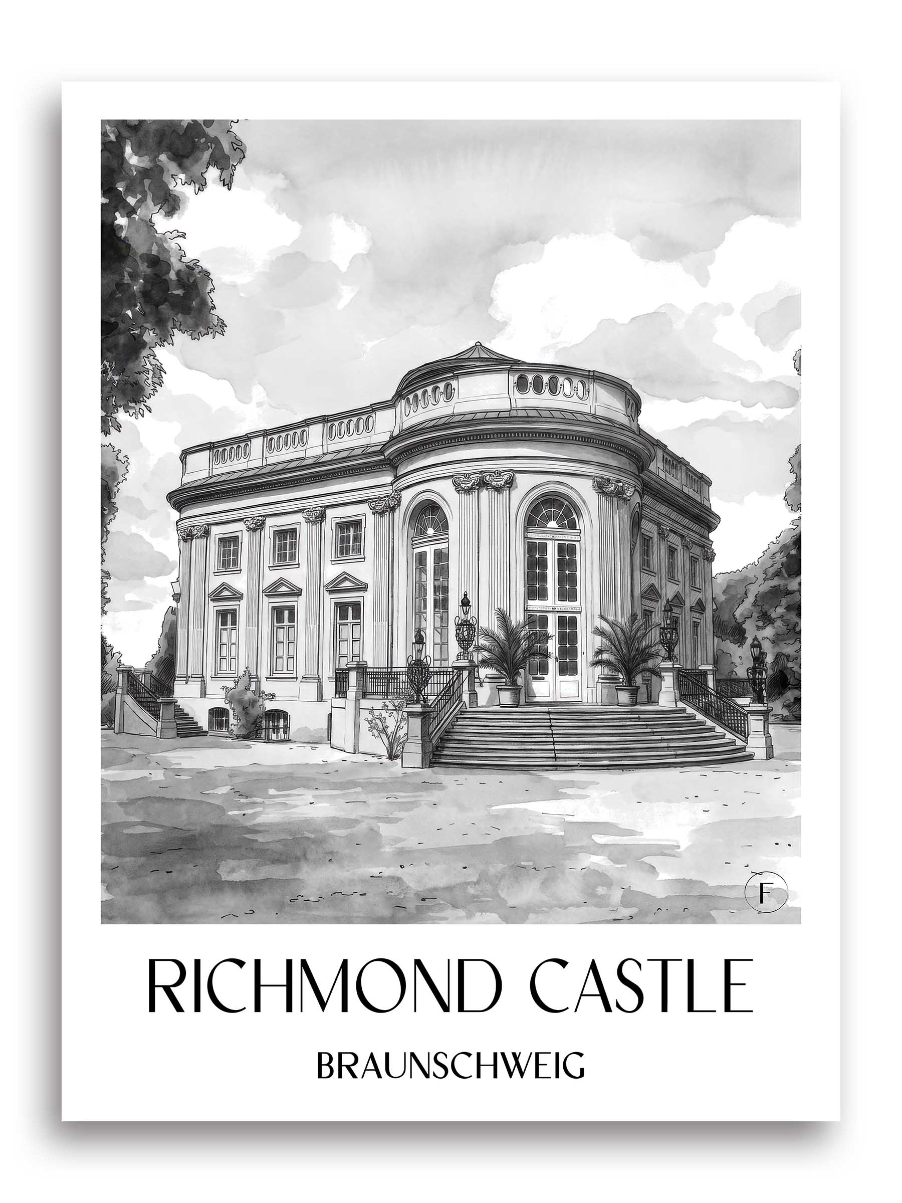 Schloss Richmond Poster - Braunschweig - Deutschland Kunstdruck - Aquarell Schwarz-Weiß von A4 bis A1