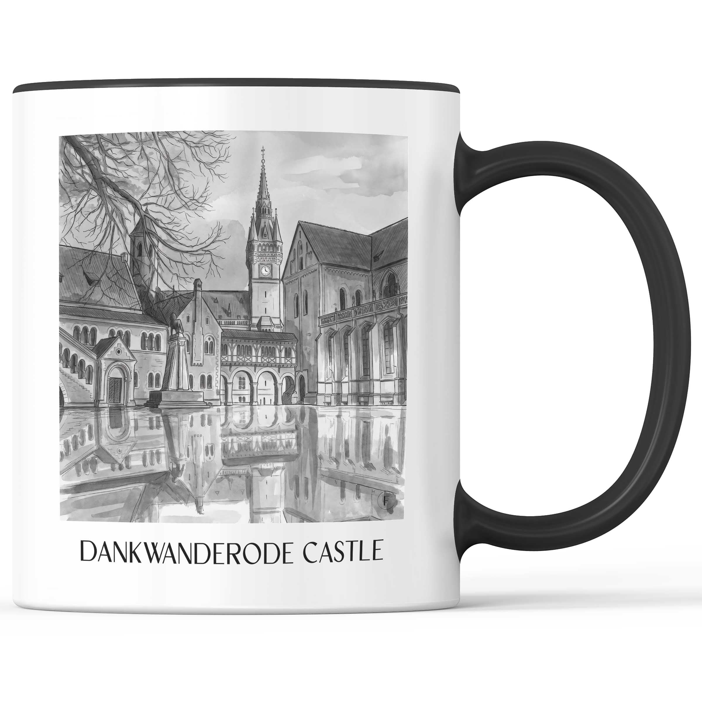 Burg Dankwanderode Kaffeebecher - Niedersachsen - Deutschland Becher - Kaffeetasse im Aquarell Schwarz-Weiß Stil