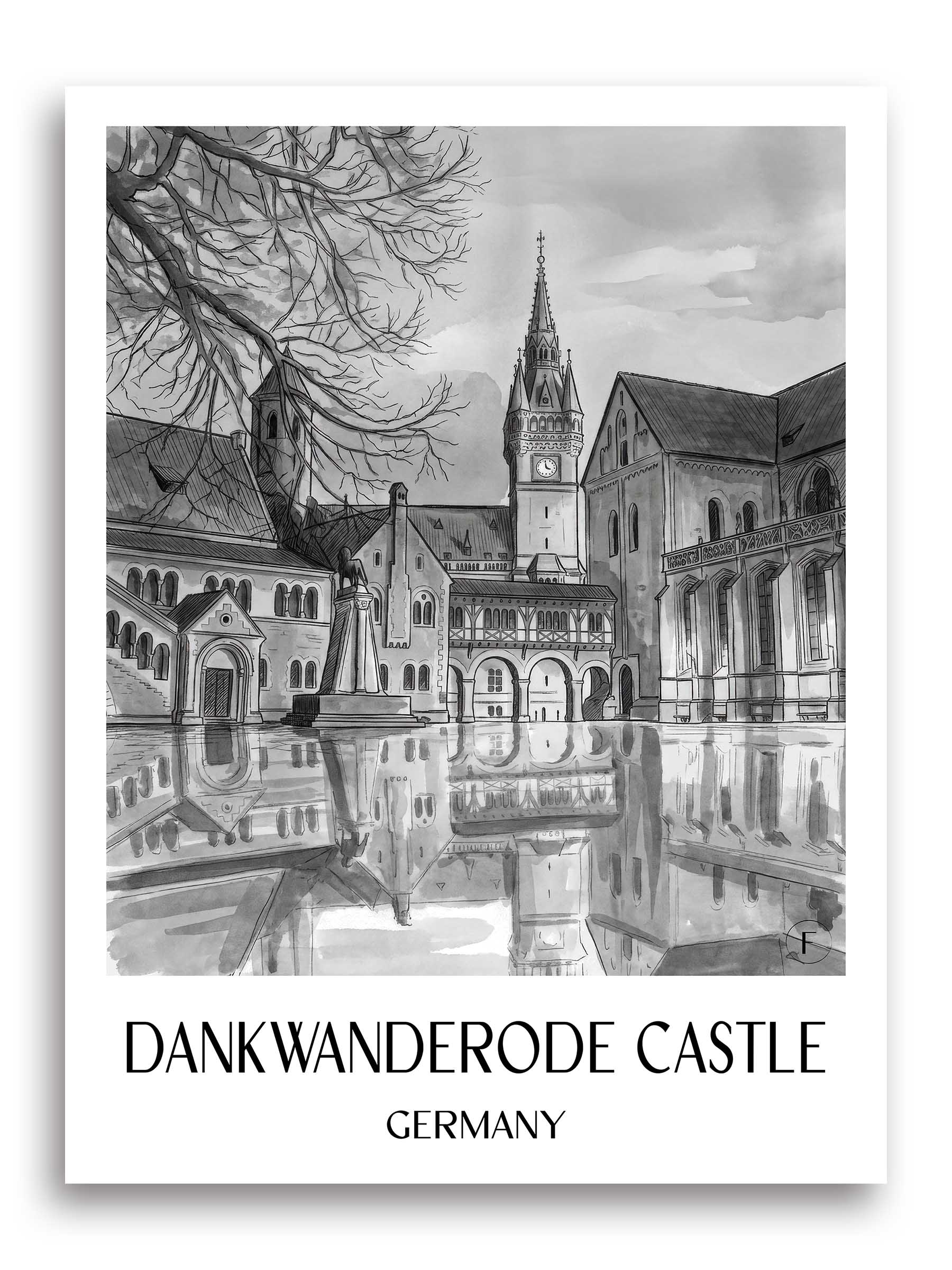 Burg Dankwanderode Poster - Niedersachsen - Deutschland Kunstdruck - Aquarell Schwarz-Weiß von A4 bis A1