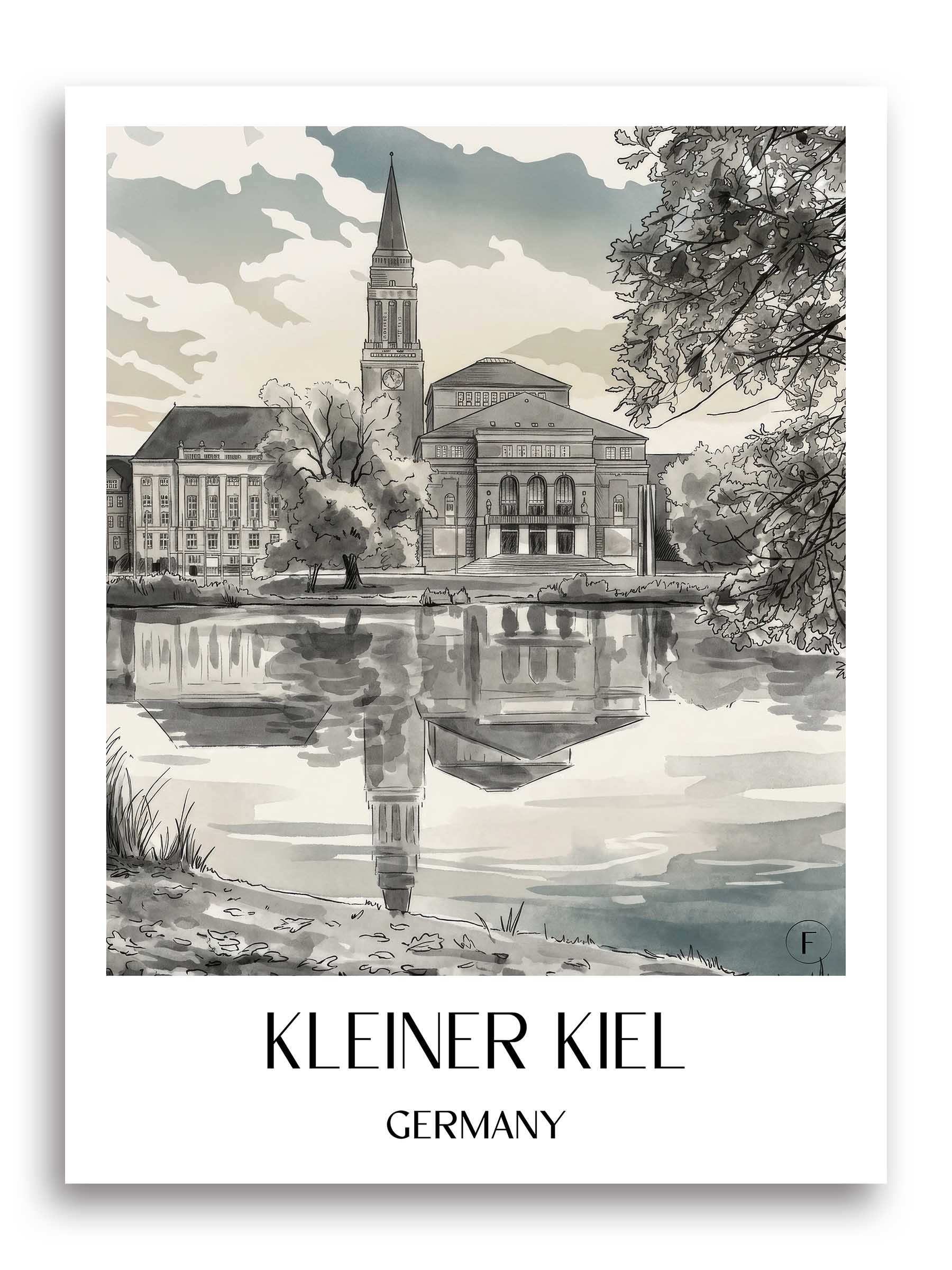 Kleiner Kiel Poster - Schleswig-Holstein - Deutschland Kunstdruck - Aquarell Schwarz-Weiß von A4 bis A1