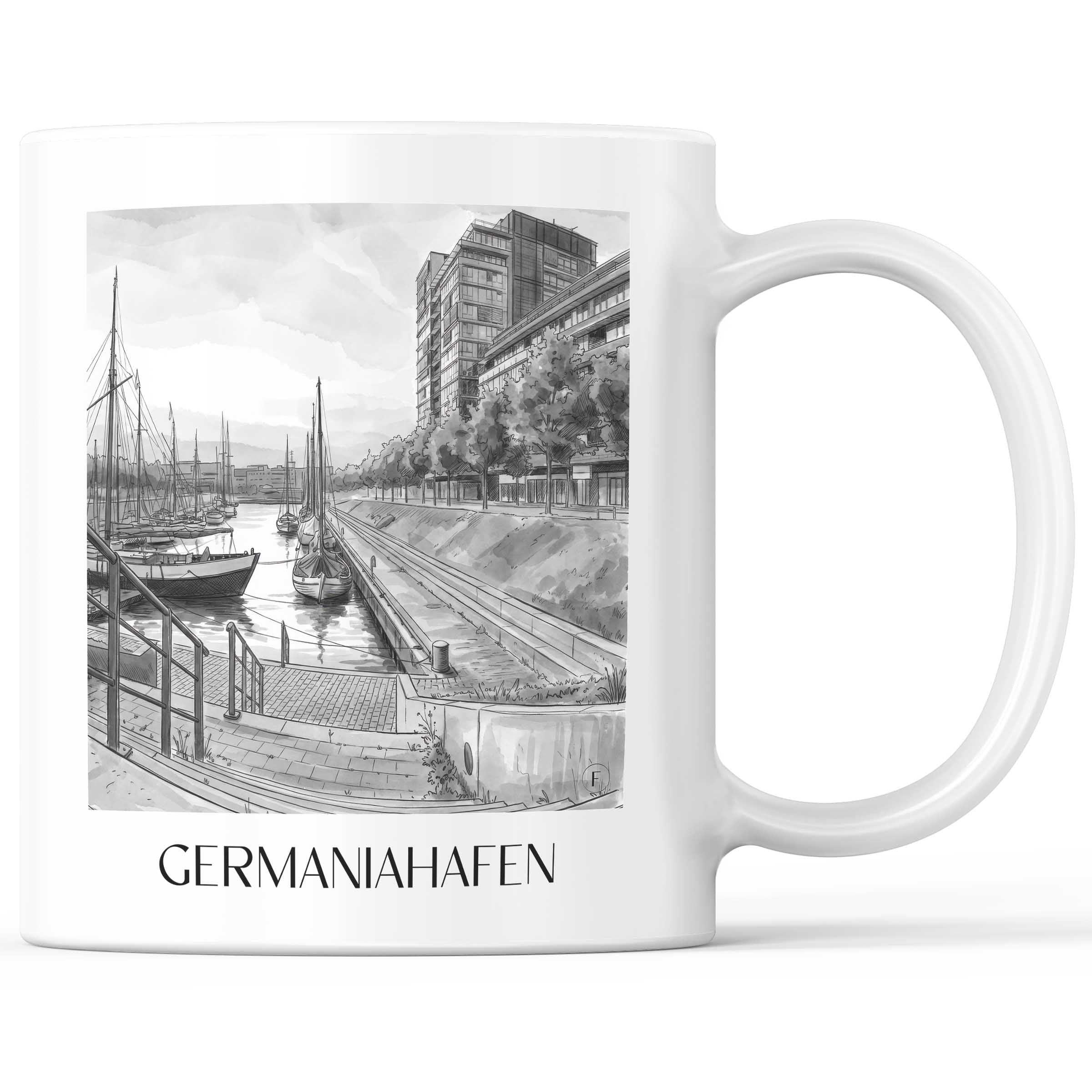 Germaniahafen Kaffeebecher - Kiel - Deutschland Becher - Kaffeetasse im Aquarell Schwarz-Weiß Stil
