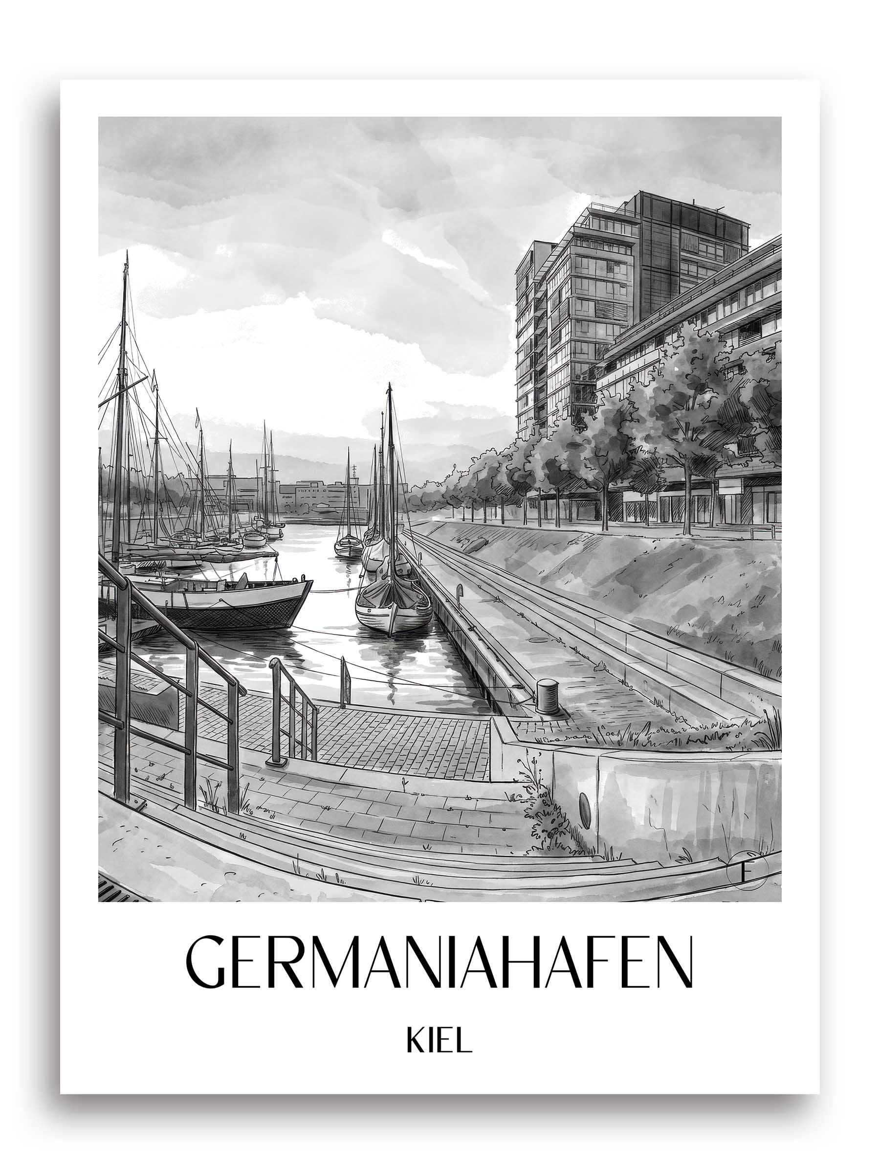 Germaniahafen Poster - Kiel - Deutschland Kunstdruck - Aquarell Schwarz-Weiß von A4 bis A1