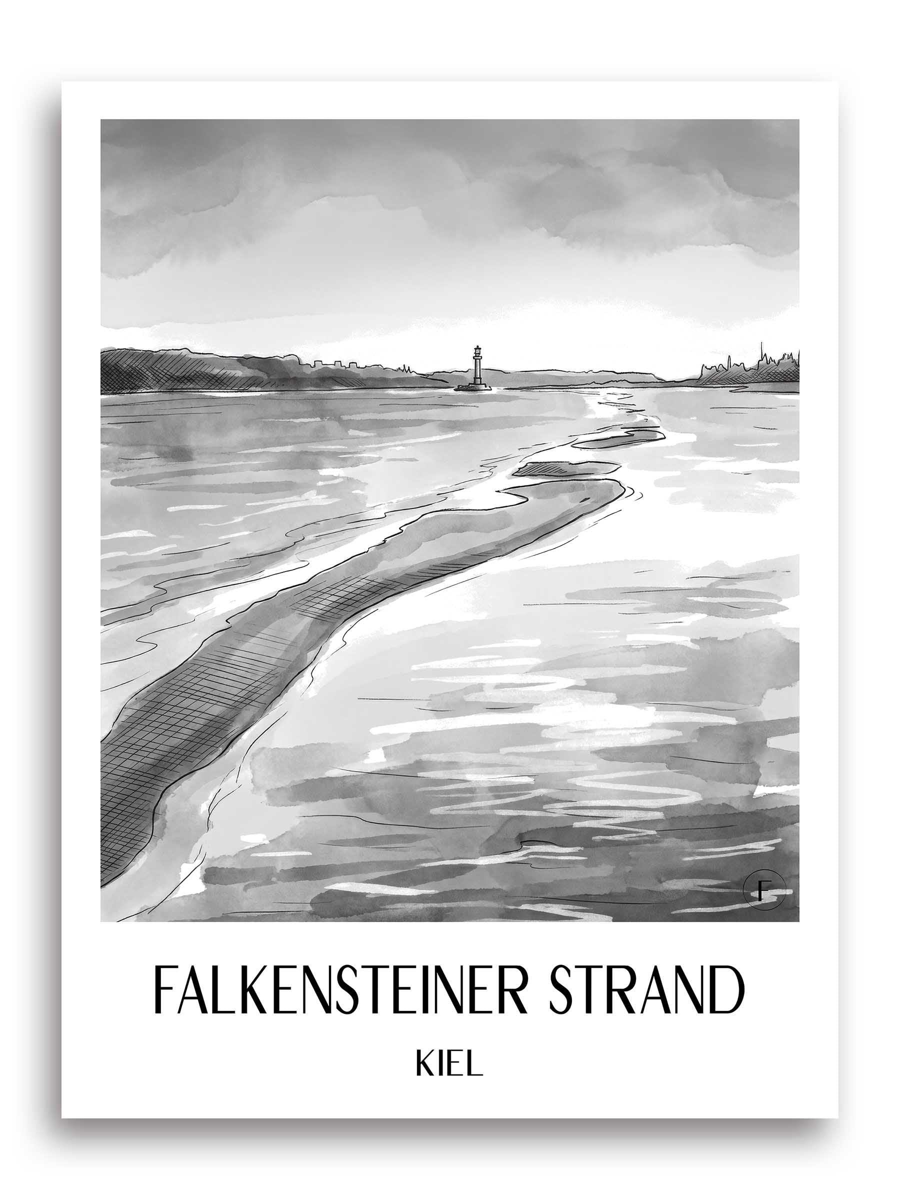 Falkensteiner Strand Poster - Kiel - Deutschland Kunstdruck - Aquarell Schwarz-Weiß von A4 bis A1
