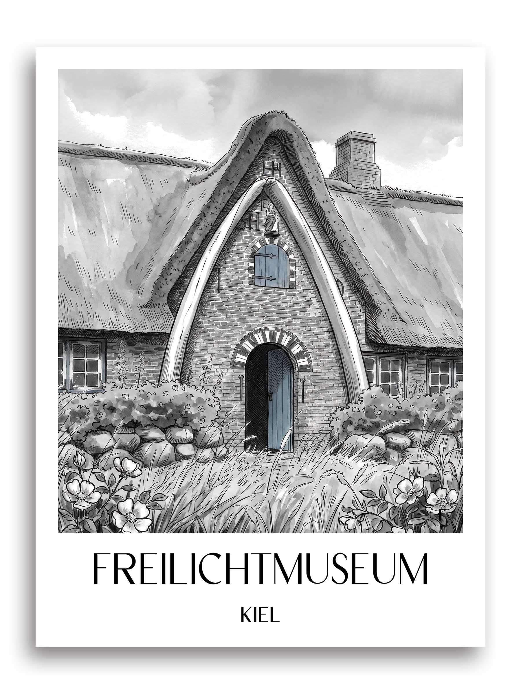 freilichtmuseum-kiel-deutschland-poster-aquarell-schwarz-weiss