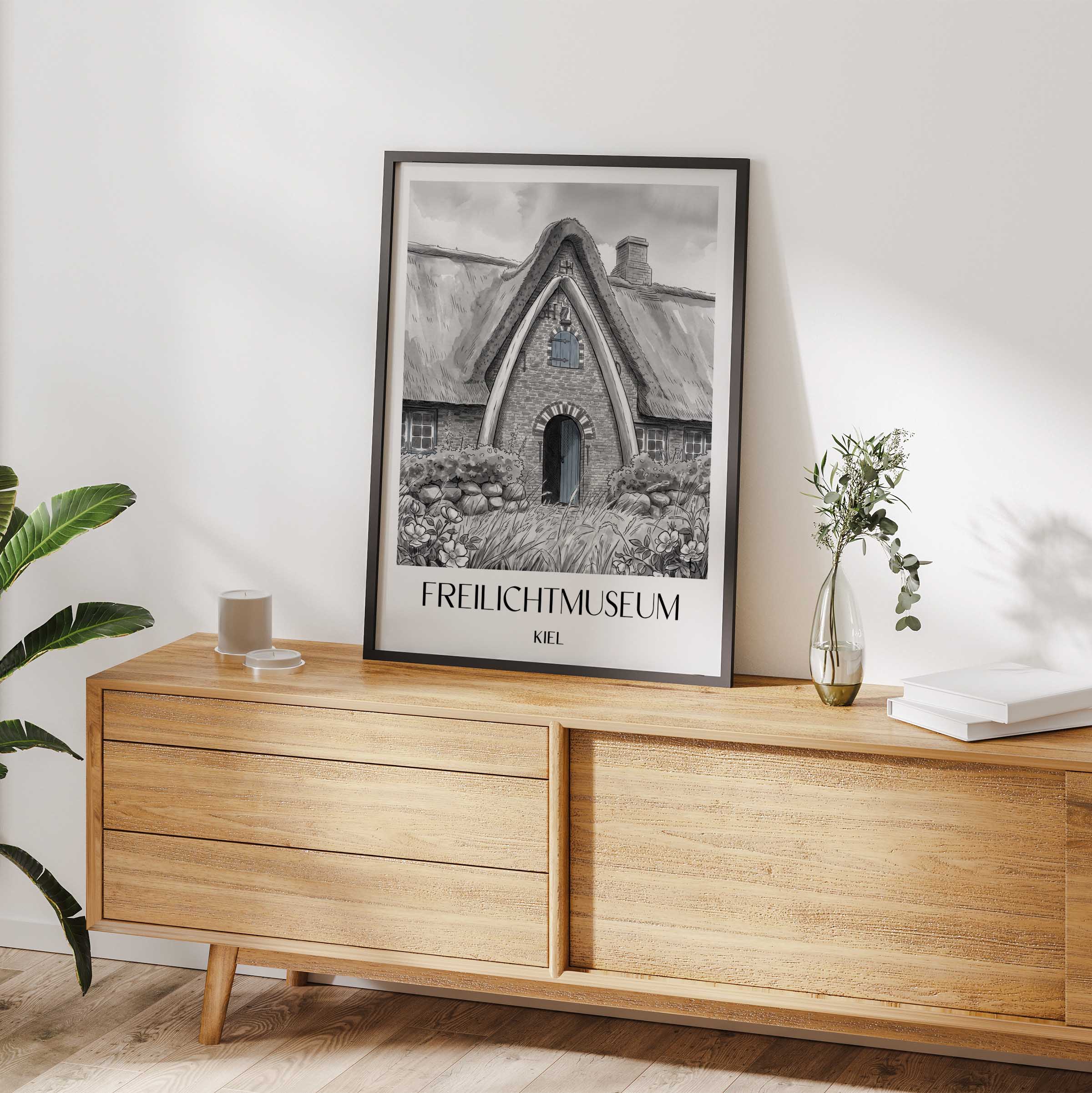 freilichtmuseum-kiel-deutschland-poster-aquarell-schwarz-weiss
