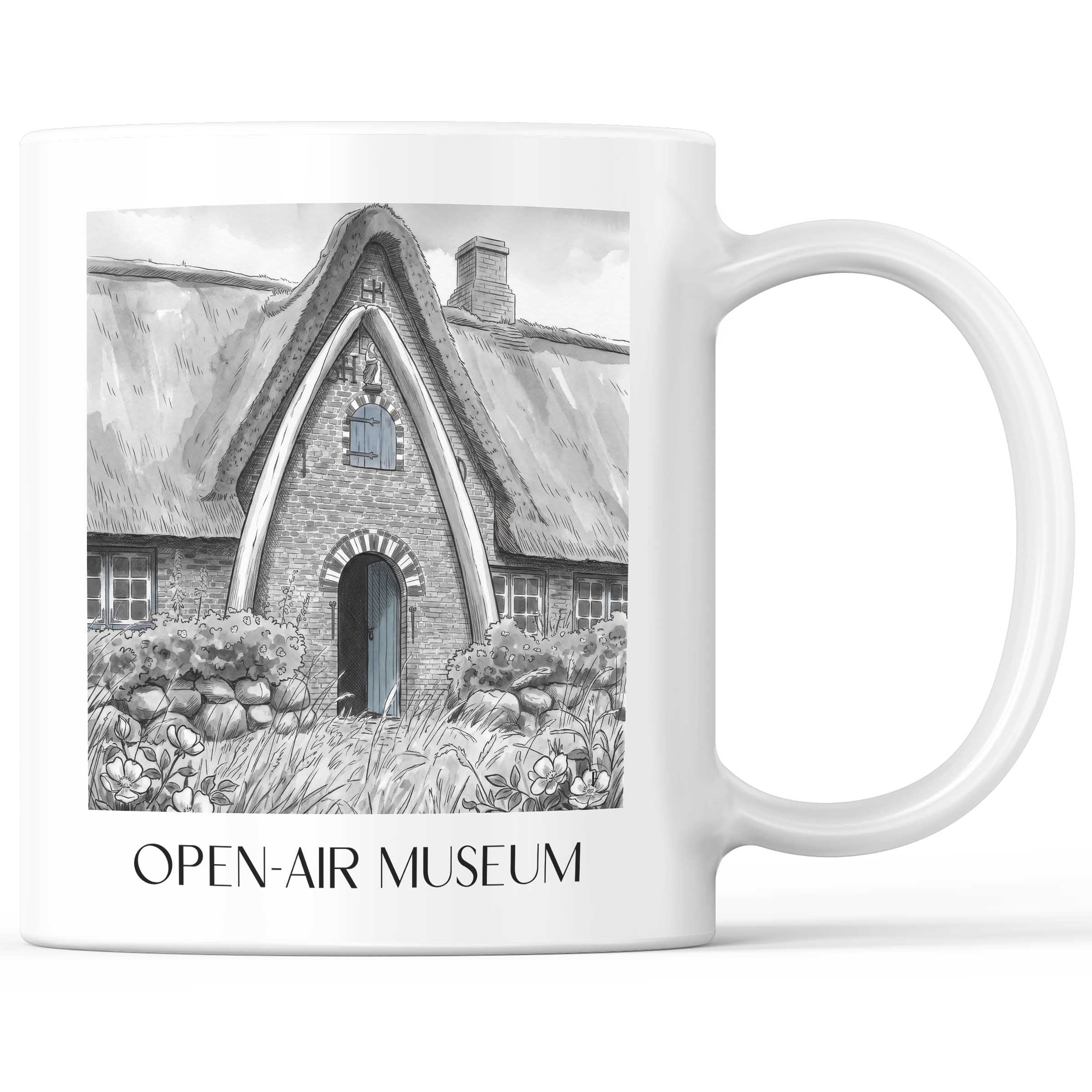 Freilichtmuseum Kaffeebecher - Kiel - Deutschland Becher - Kaffeetasse im Aquarell Schwarz-Weiß Stil