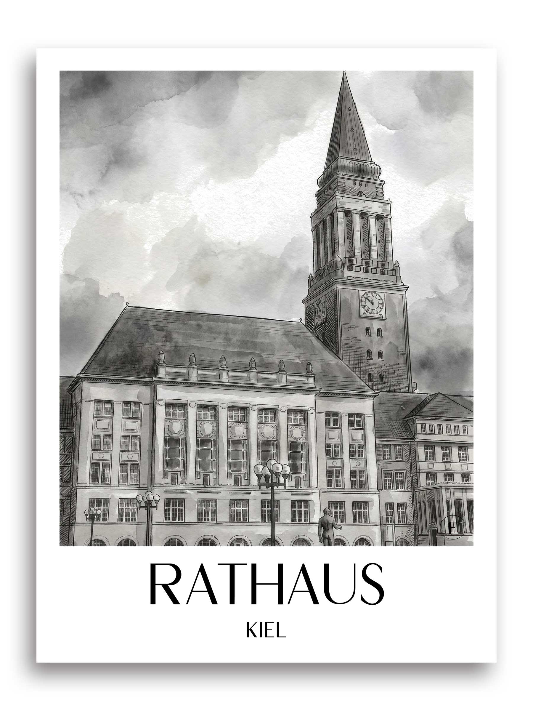rathaus-kiel-deutschland-poster-aquarell-schwarz-weiss