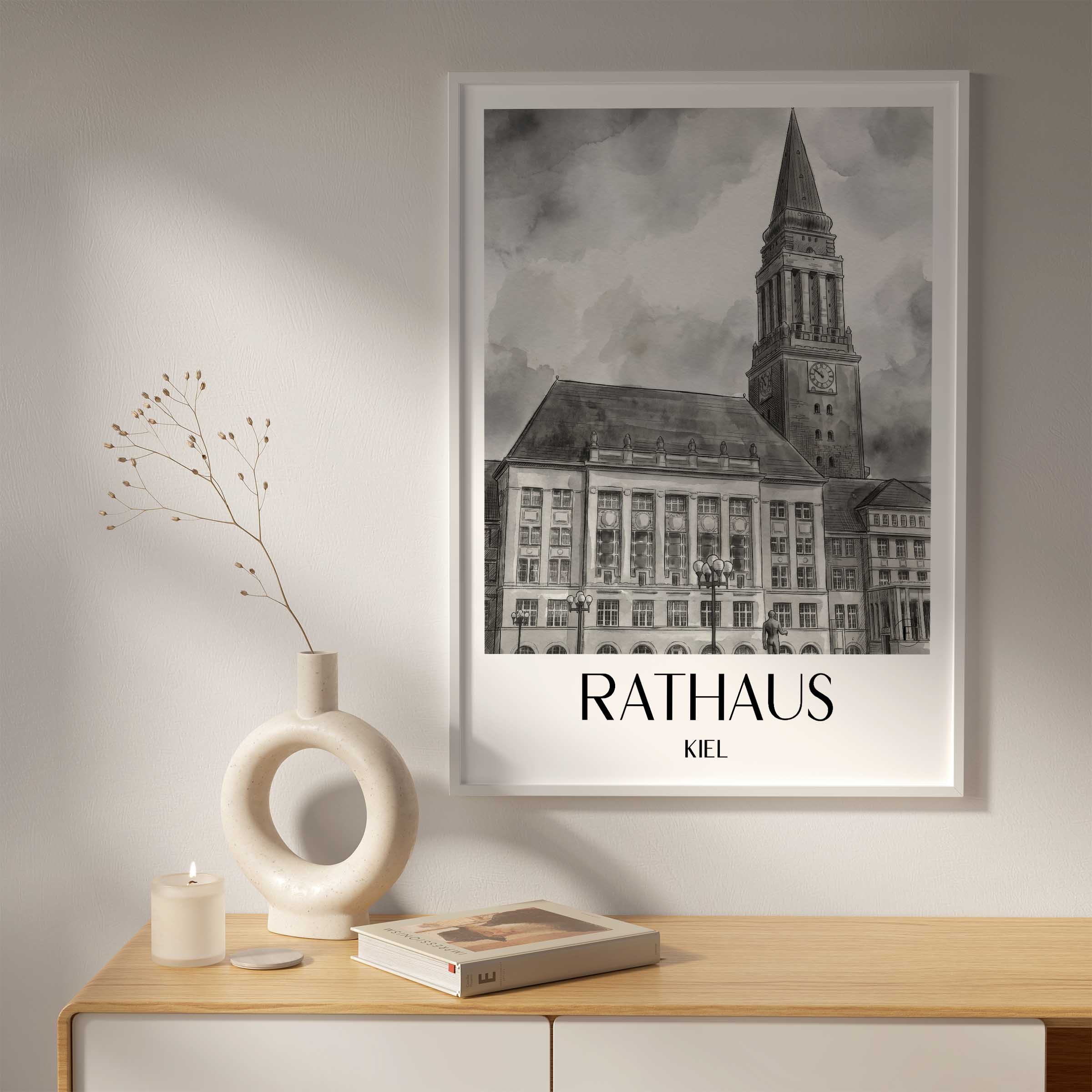 rathaus-kiel-deutschland-poster-aquarell-schwarz-weiss