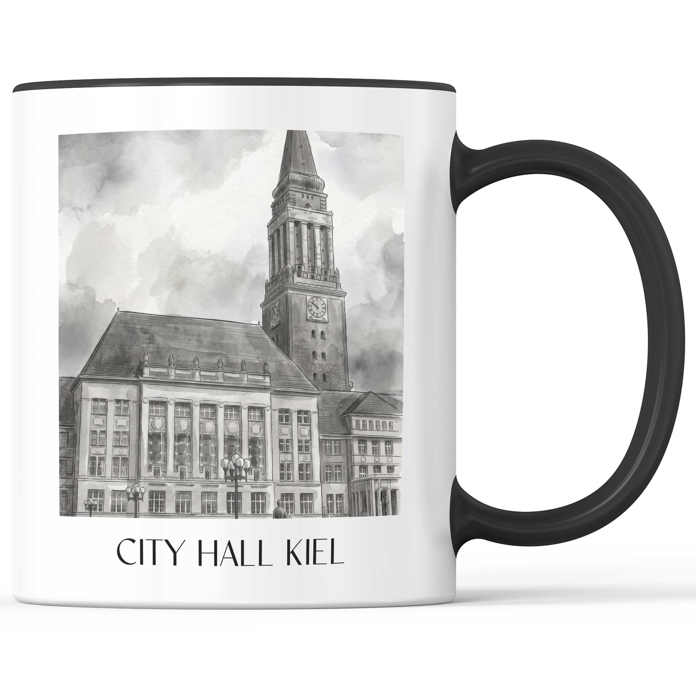 Rathaus Kaffeebecher - Kiel - Deutschland Becher - Kaffeetasse im Aquarell Schwarz-Weiß Stil