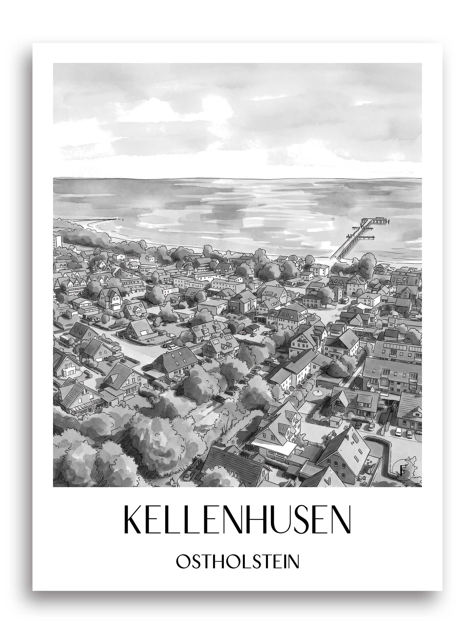kellenhusen-ostholstein-deutschland-poster-aquarell-schwarz-weiss