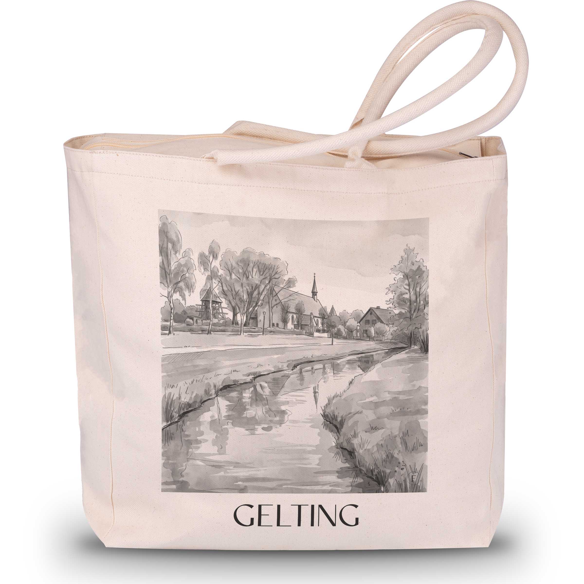 Gelting Shopping Tasche - Schleswig - Deutschland Tote Bag - Einkaufstasche im Aquarell Schwarz-Weiß Stil