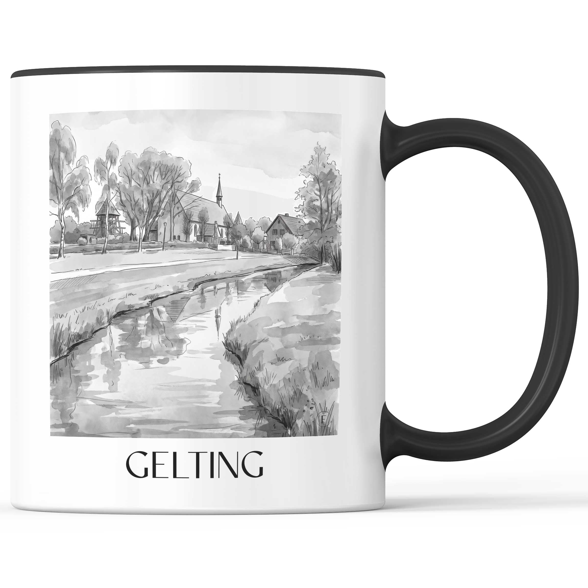 Gelting Kaffeebecher - Schleswig - Deutschland Becher - Kaffeetasse im Aquarell Schwarz-Weiß Stil