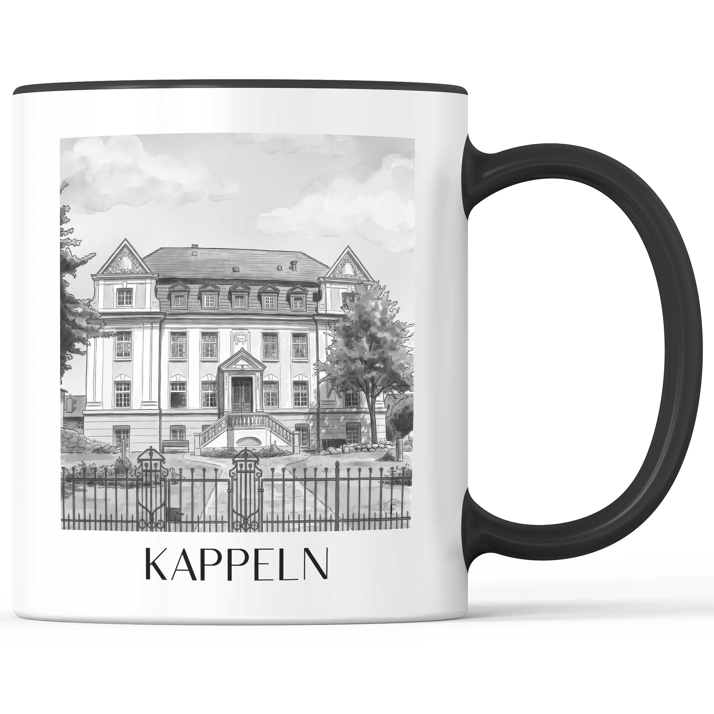 kappeln-schleswig-deutschland-kaffeebecher-aquarell-schwarz-weiss