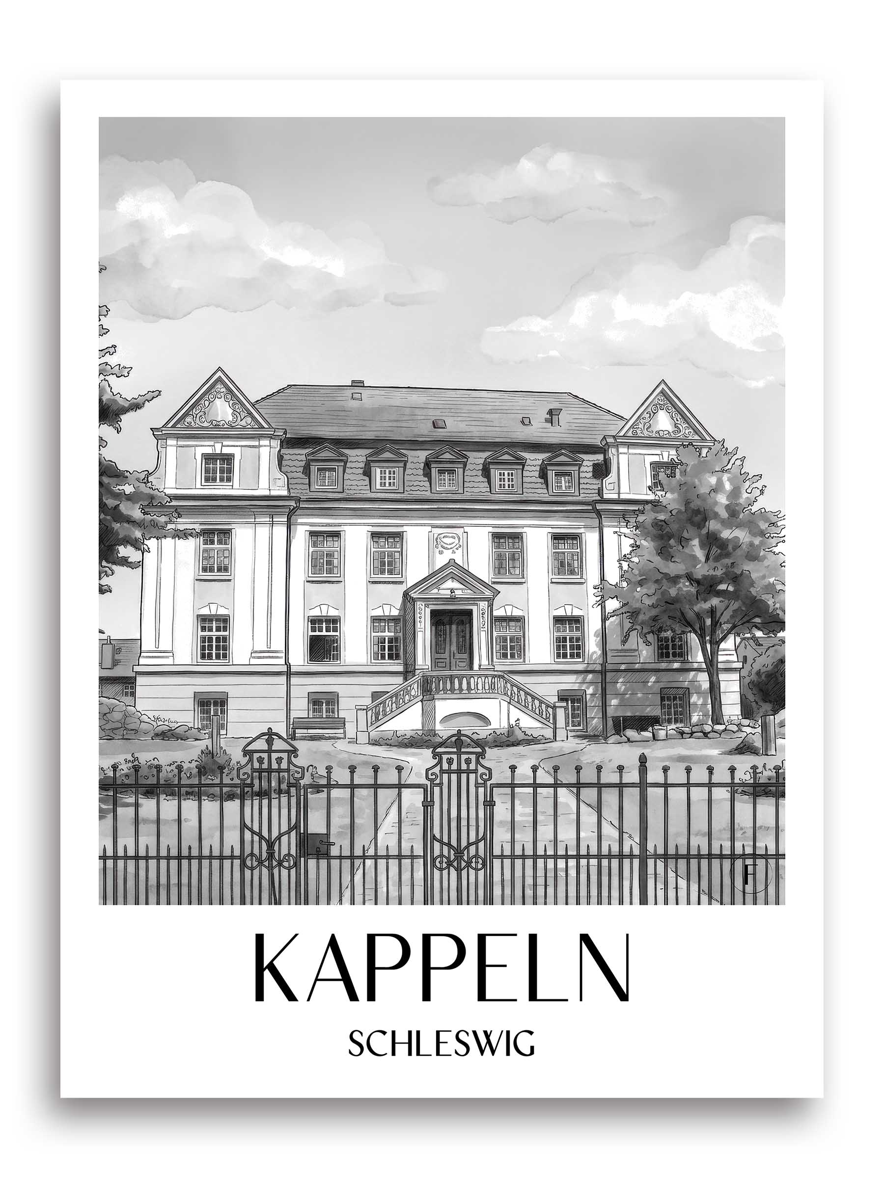 kappeln-schleswig-deutschland-poster-aquarell-schwarz-weiss