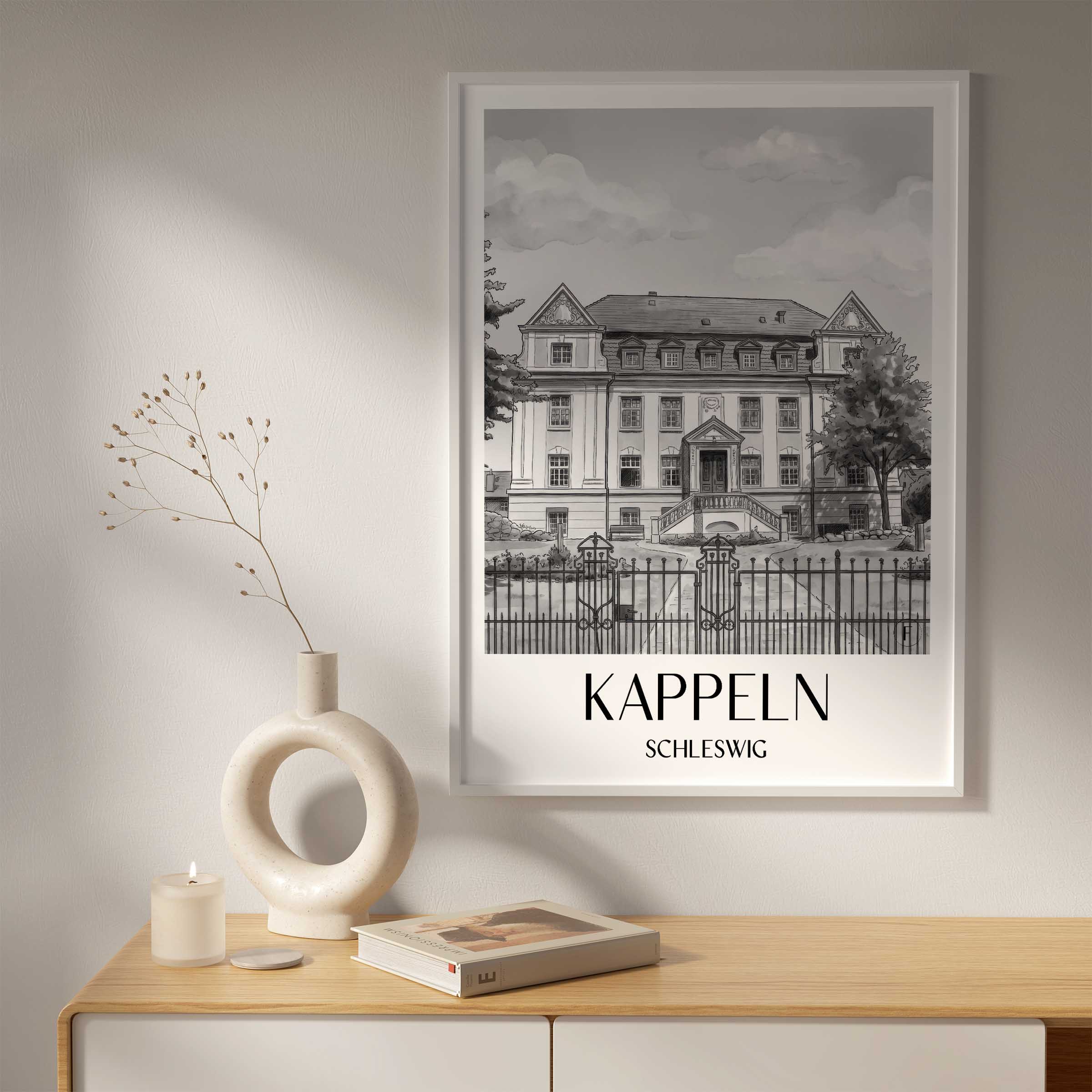 kappeln-schleswig-deutschland-poster-aquarell-schwarz-weiss