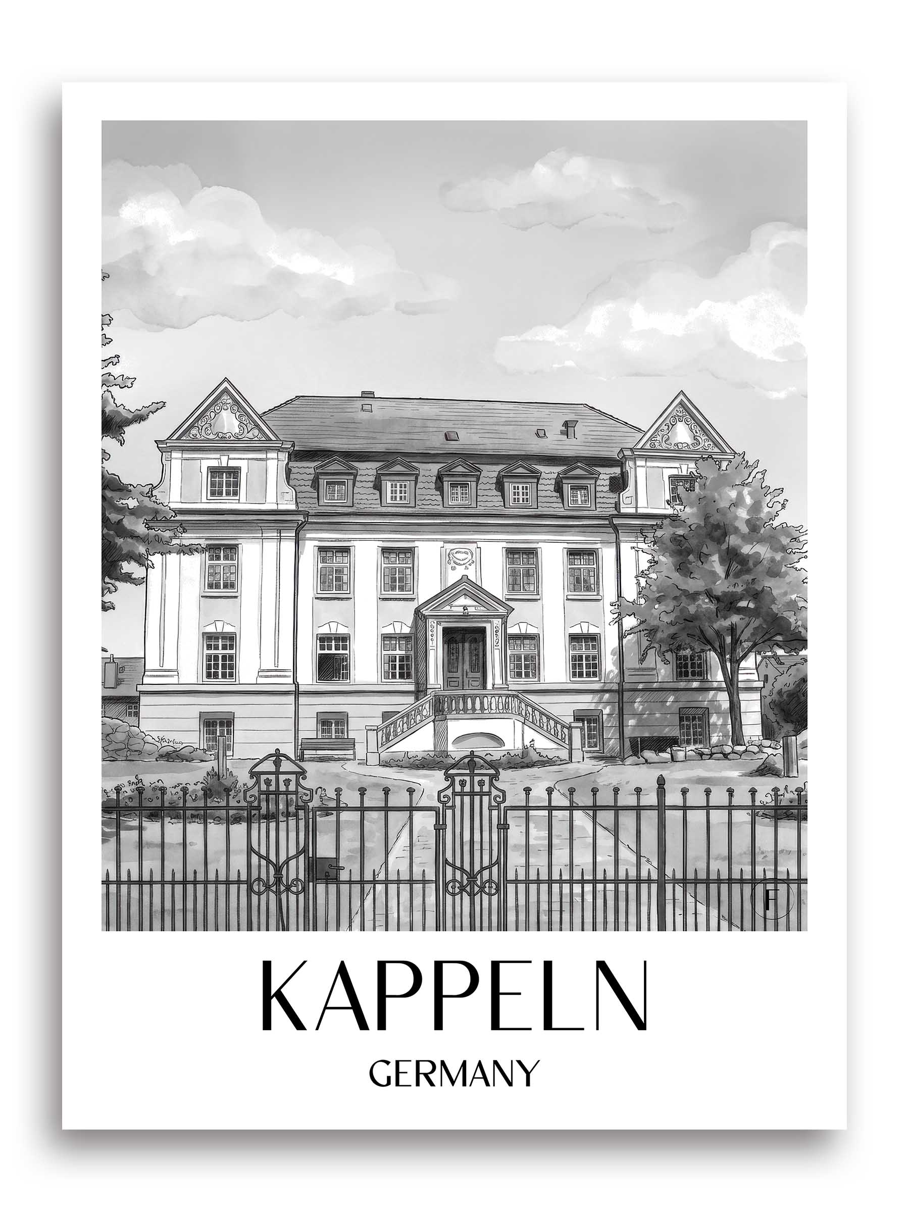 Kappeln Poster - Schleswig - Deutschland Kunstdruck - Aquarell Schwarz-Weiß von A4 bis A1
