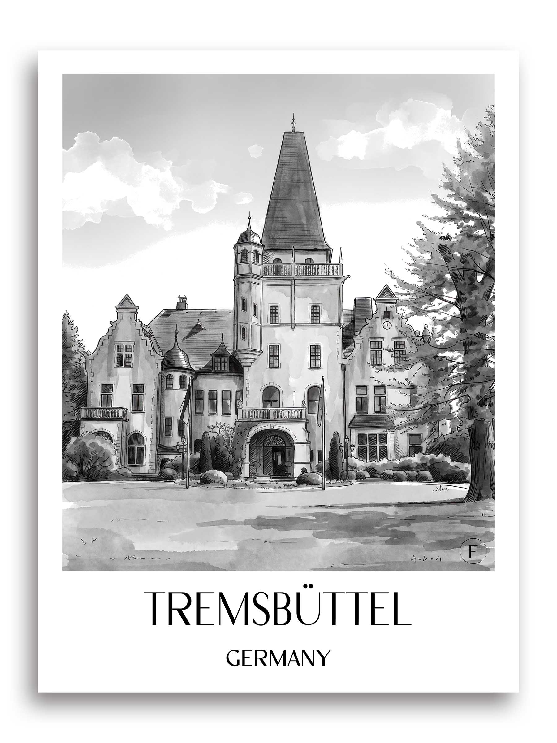 Tremsbüttel Poster - Schleswig-Holstein - Germany Art Print - Watercolor Black and White from A4 to A1