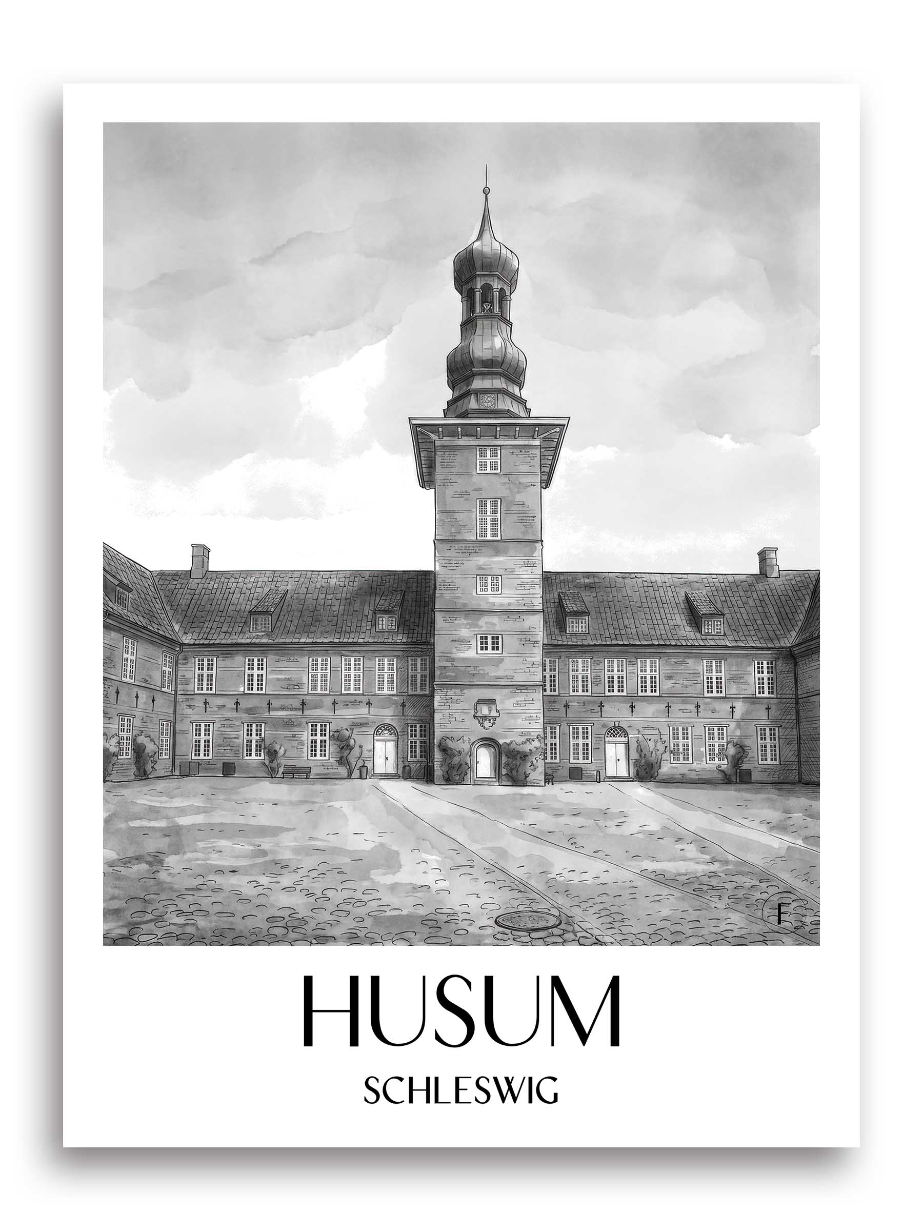husum-schleswig-deutschland-poster-aquarell-schwarz-weiss