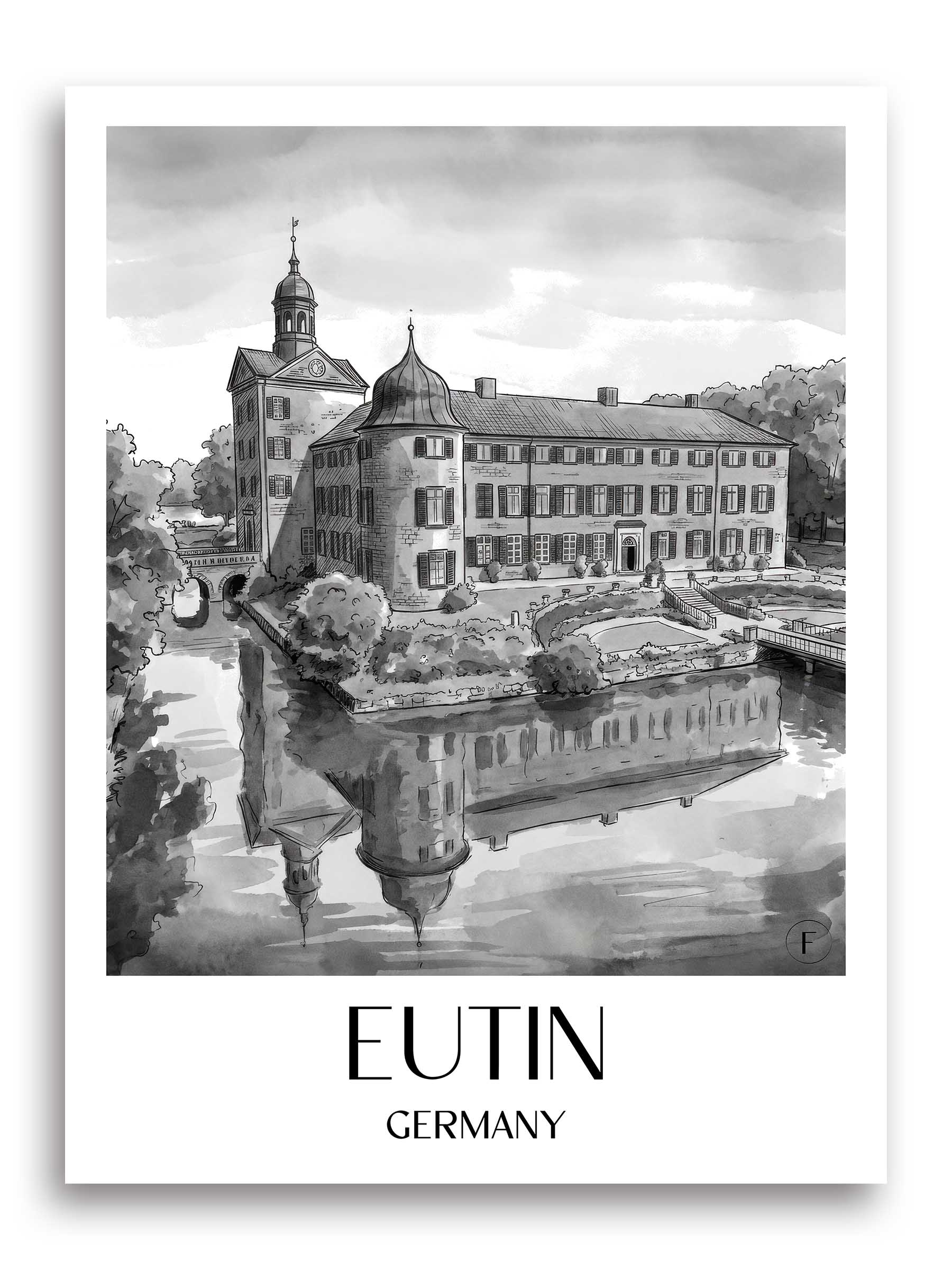 Eutin Poster - Schleswig-Holstein - Deutschland Kunstdruck - Aquarell Schwarz-Weiß von A4 bis A1