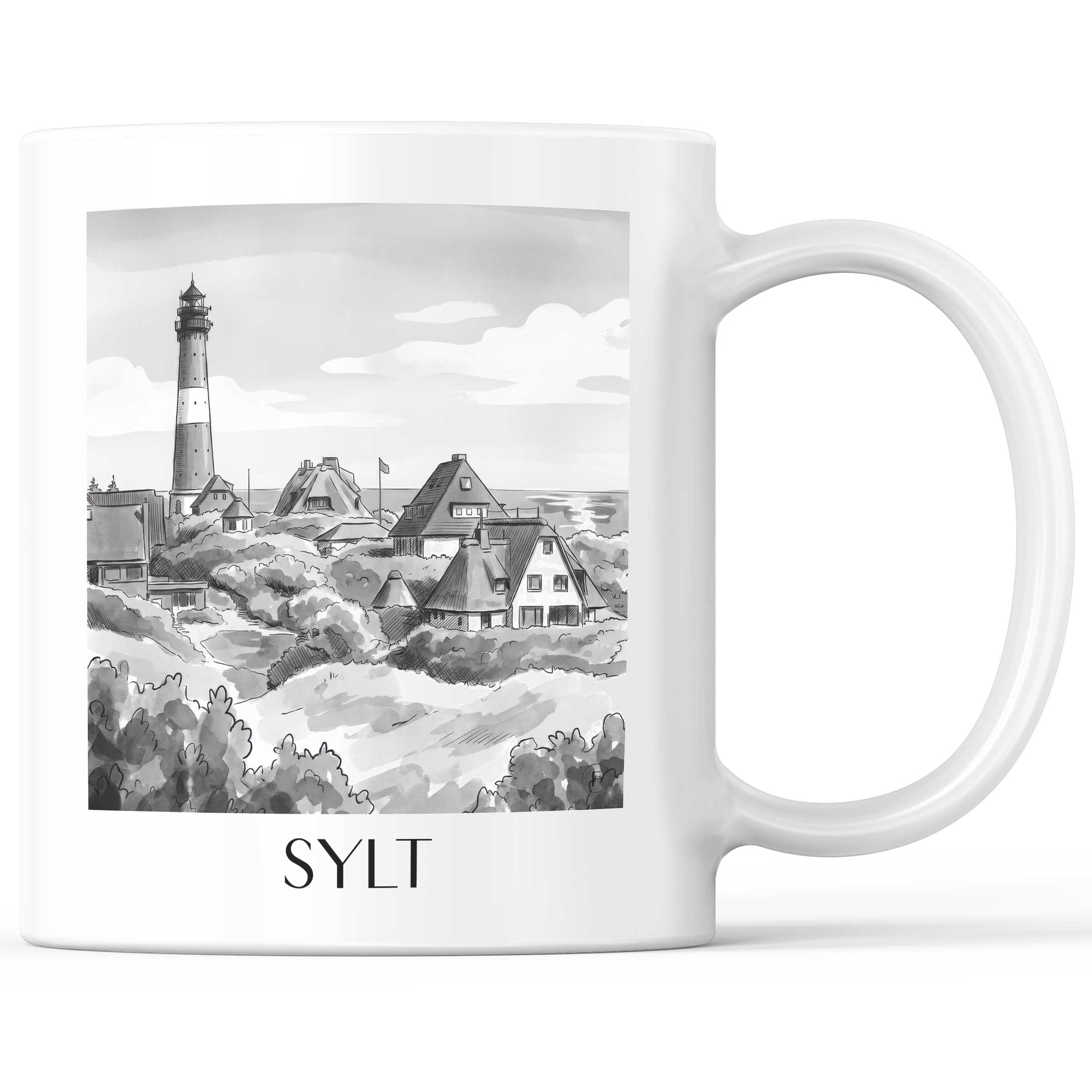 Sylt Kaffeebecher - Westerland - Deutschland Becher - Kaffeetasse im Aquarell Schwarz-Weiß Stil
