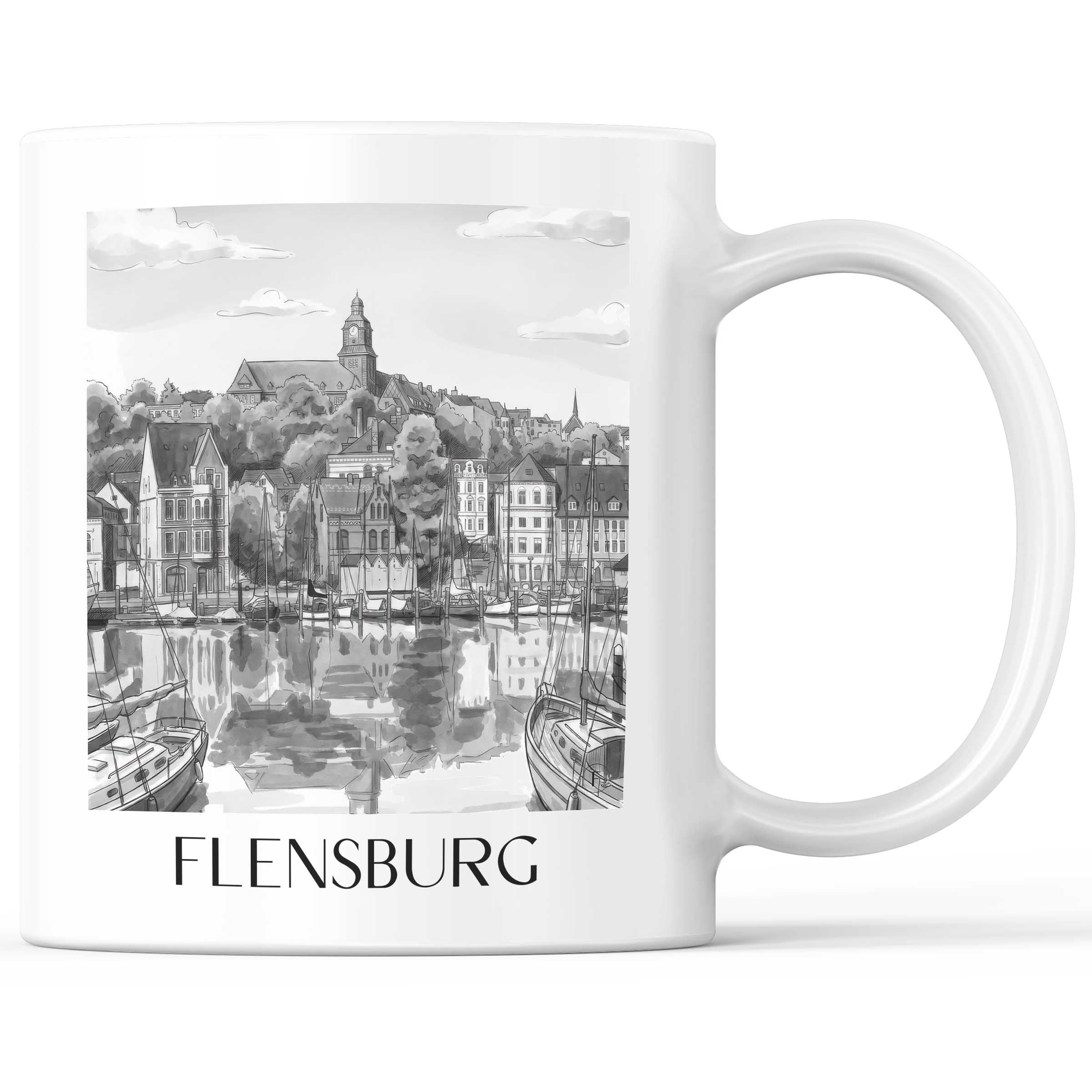 flensburg-schleswig-deutschland-kaffeebecher-aquarell-schwarz-weiss