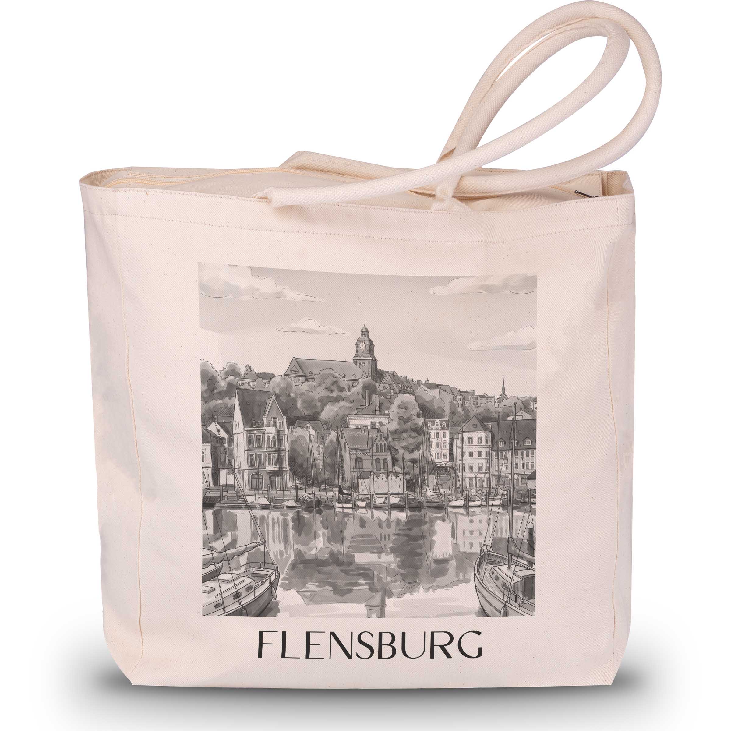 Flensburg Shopping Tasche - Schleswig - Deutschland Tote Bag - Einkaufstasche im Aquarell Schwarz-Weiß Stil