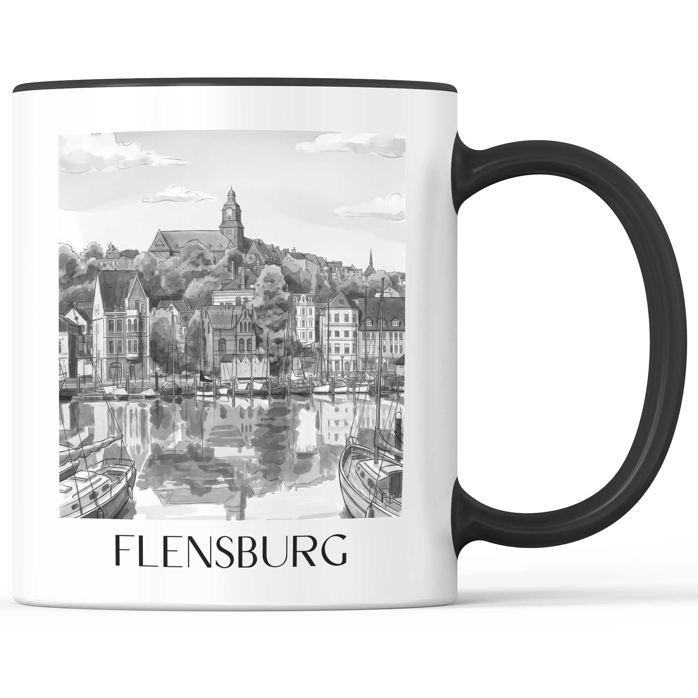 Flensburg Kaffeebecher - Schleswig - Deutschland Becher - Kaffeetasse im Aquarell Schwarz-Weiß Stil