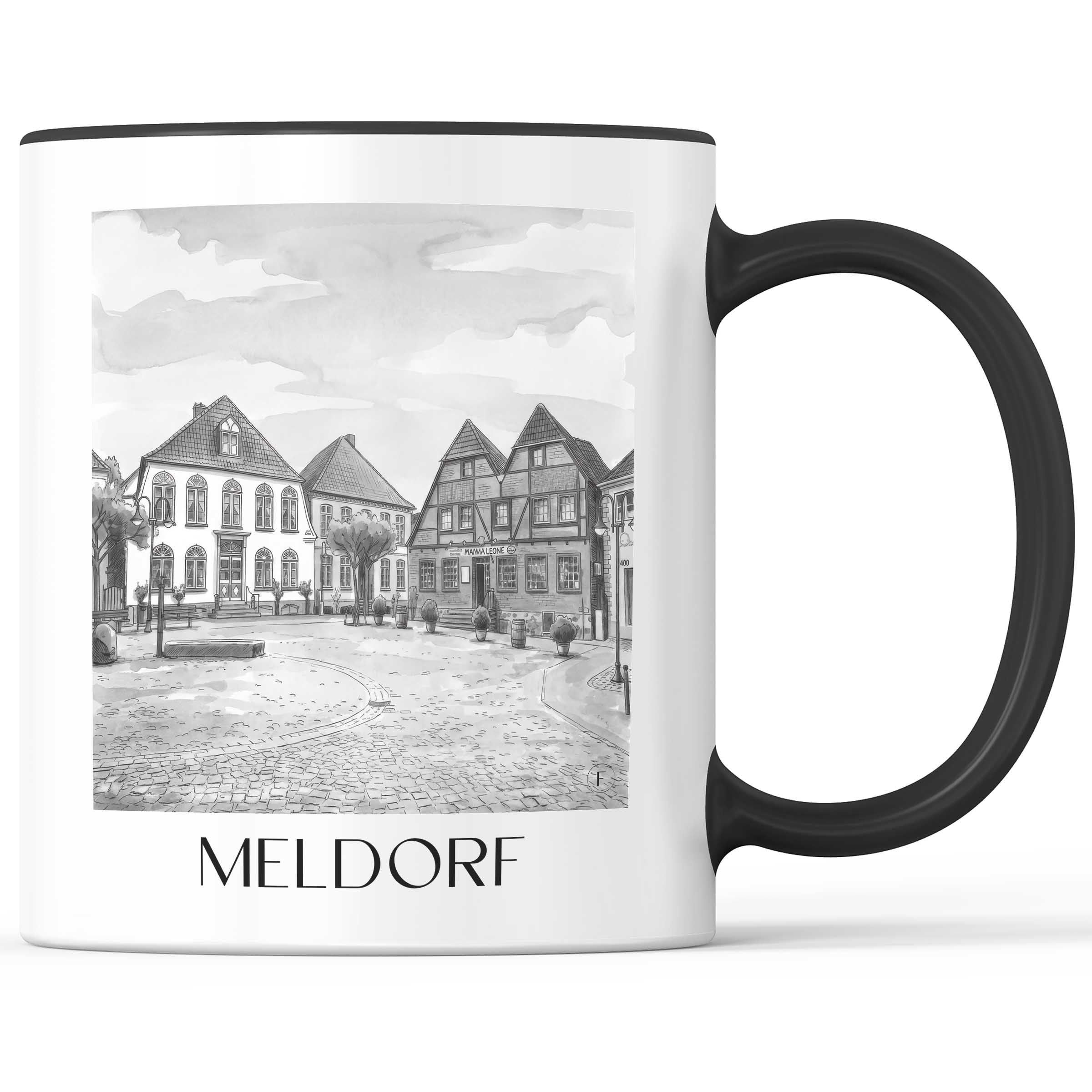 Meldorf Kaffeebecher - Schleswig-Holstein - Deutschland Becher - Kaffeetasse im Aquarell Schwarz-Weiß Stil
