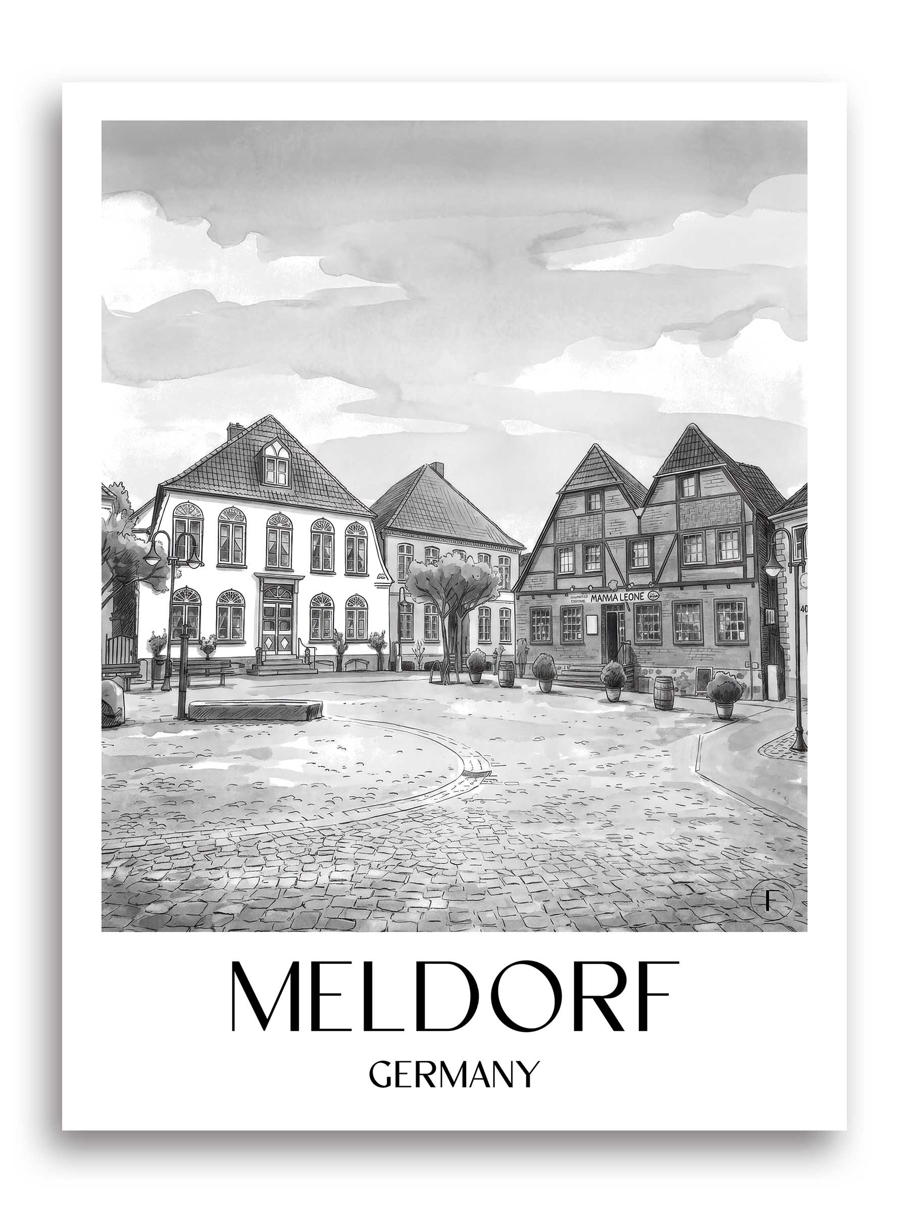 Meldorf Poster - Schleswig-Holstein - Deutschland Kunstdruck - Aquarell Schwarz-Weiß von A4 bis A1