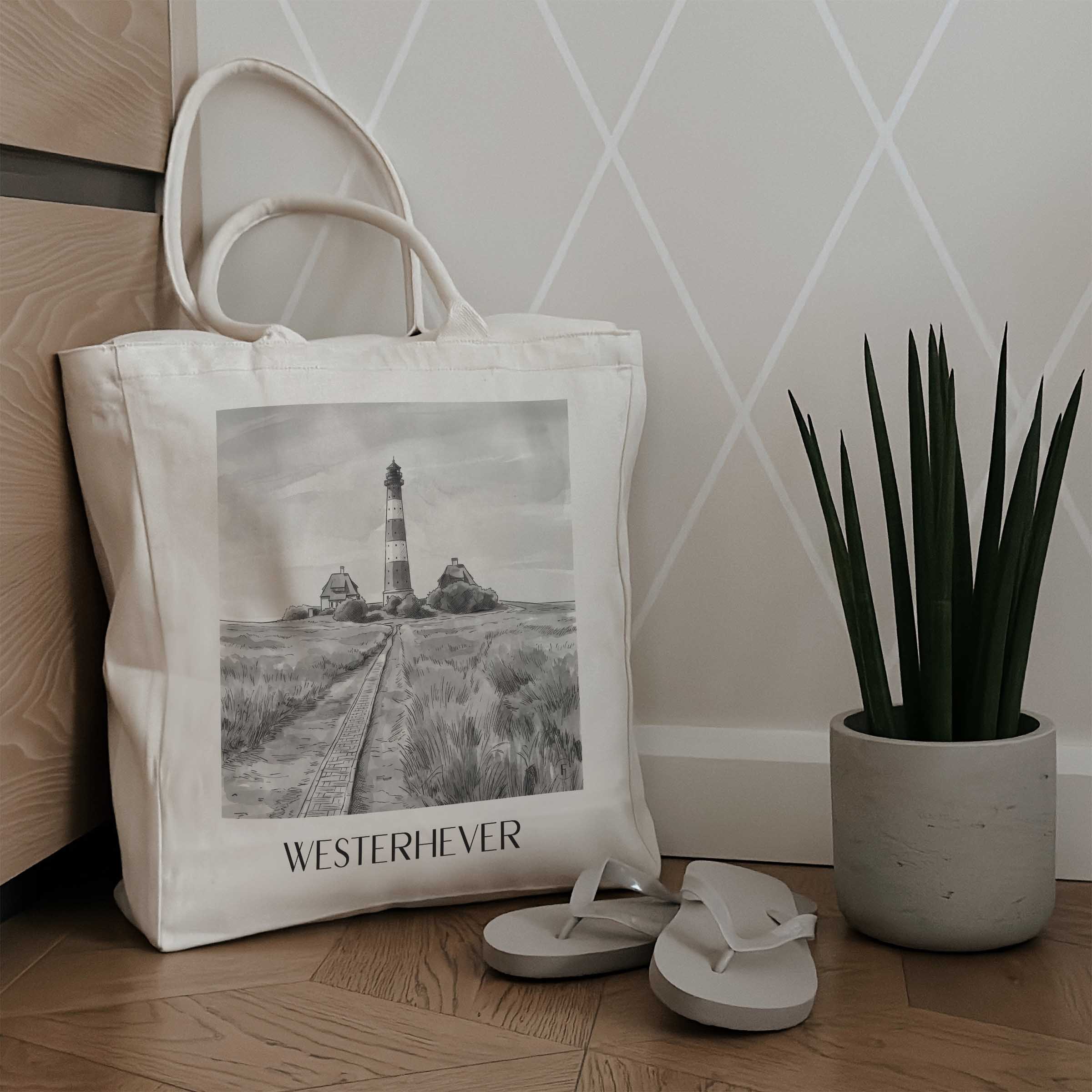 westerhever-schleswig-deutschland-einkaufstasche-aquarell-schwarz-weiss