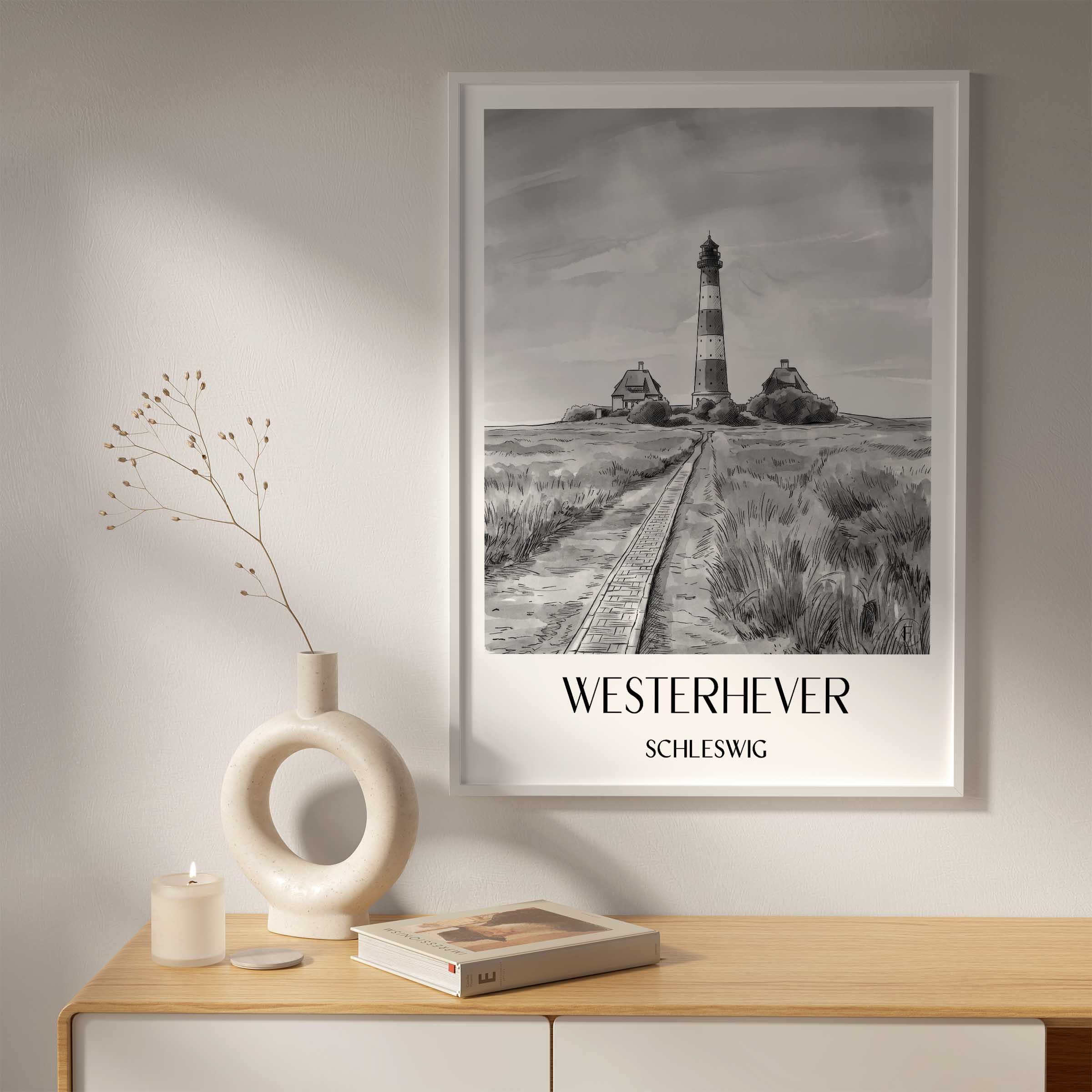 westerhever-schleswig-deutschland-poster-aquarell-schwarz-weiss