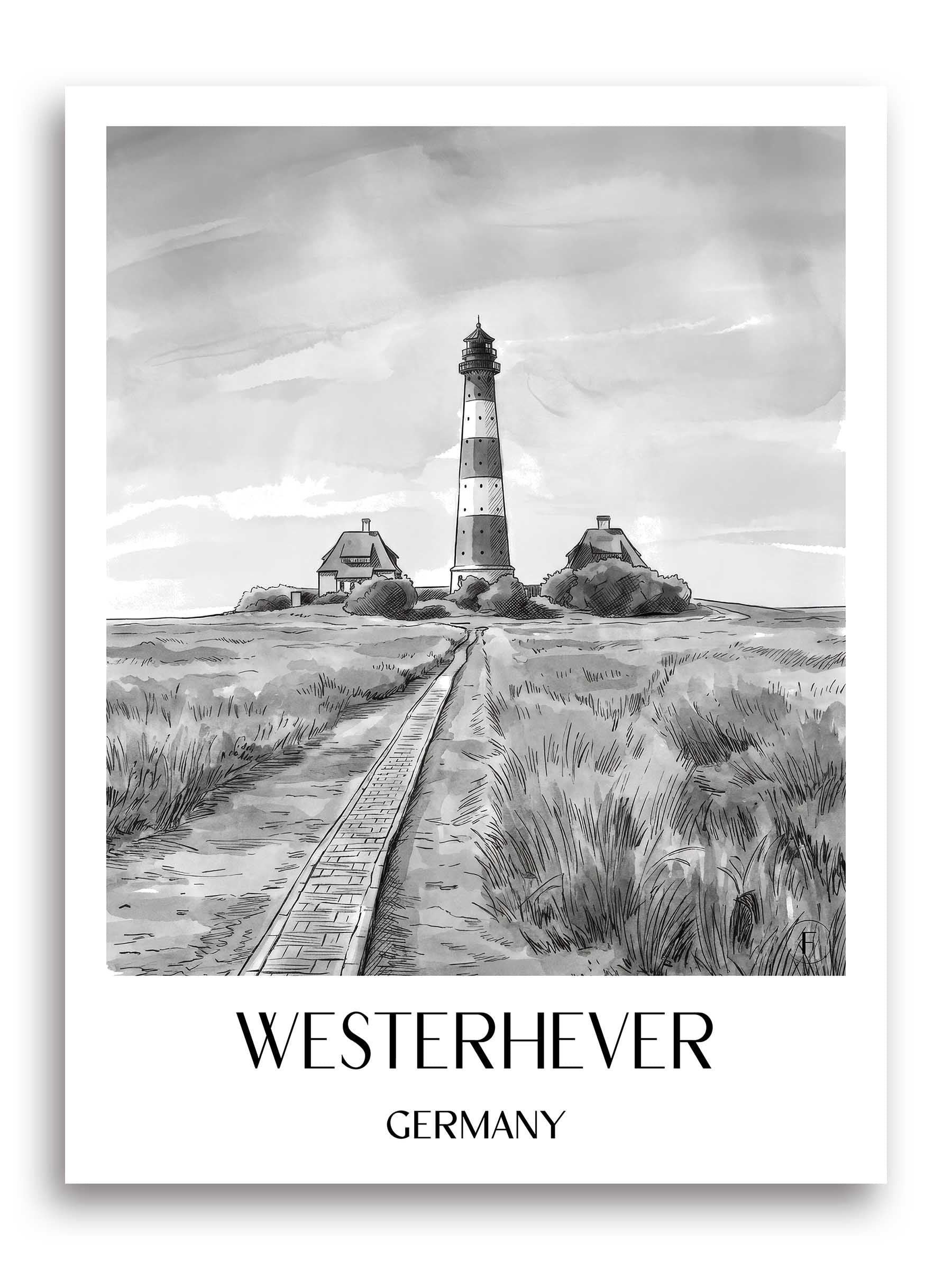Westerhever Poster - Schleswig - Deutschland Kunstdruck - Aquarell Schwarz-Weiß von A4 bis A1
