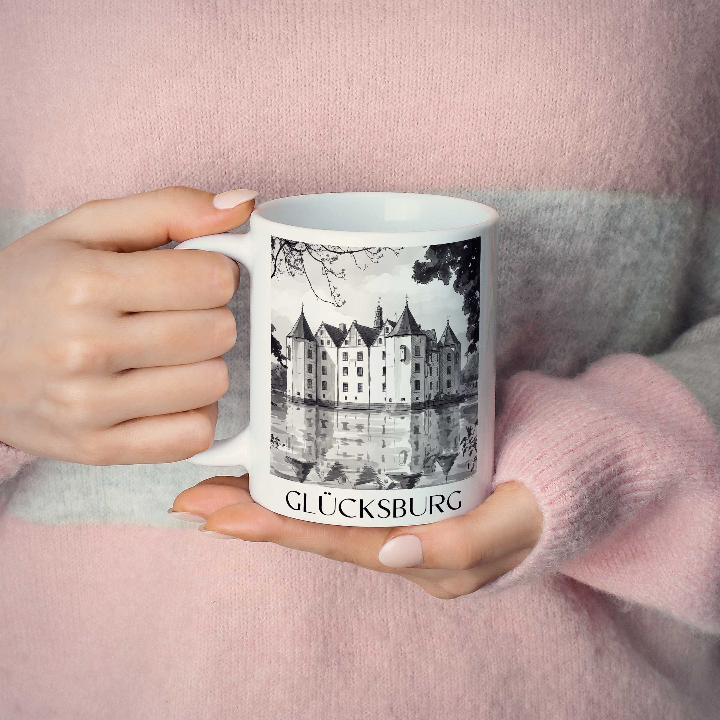 glücksburg-schleswig-deutschland-kaffeebecher-aquarell-schwarz-weiss
