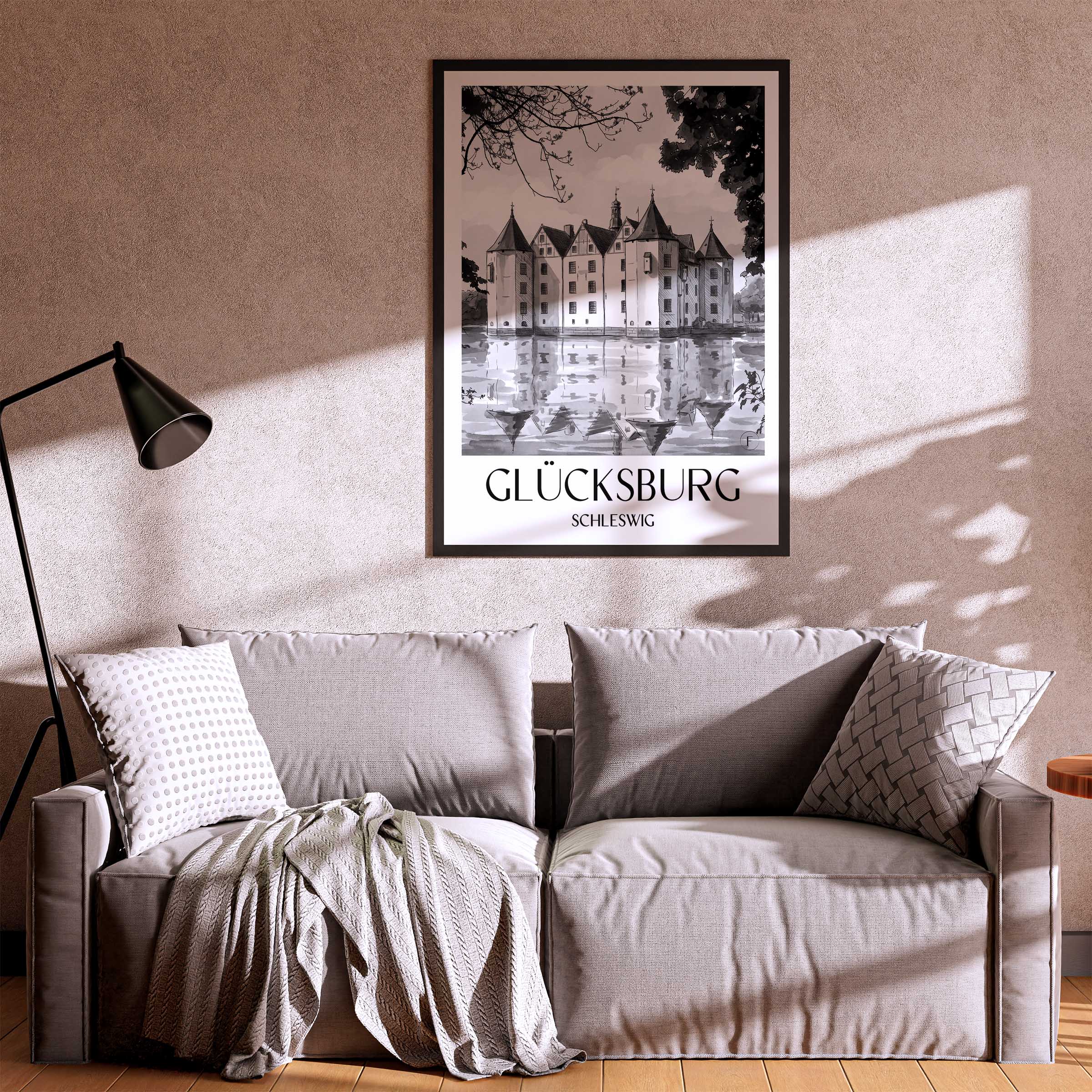 glücksburg-schleswig-deutschland-poster-aquarell-schwarz-weiss