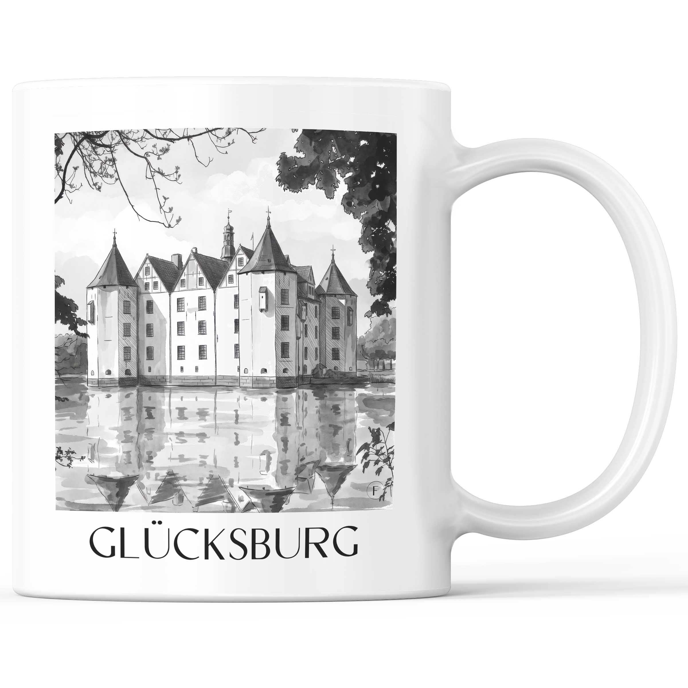 Glücksburg Kaffeebecher - Schleswig - Deutschland Becher - Kaffeetasse im Aquarell Schwarz-Weiß Stil