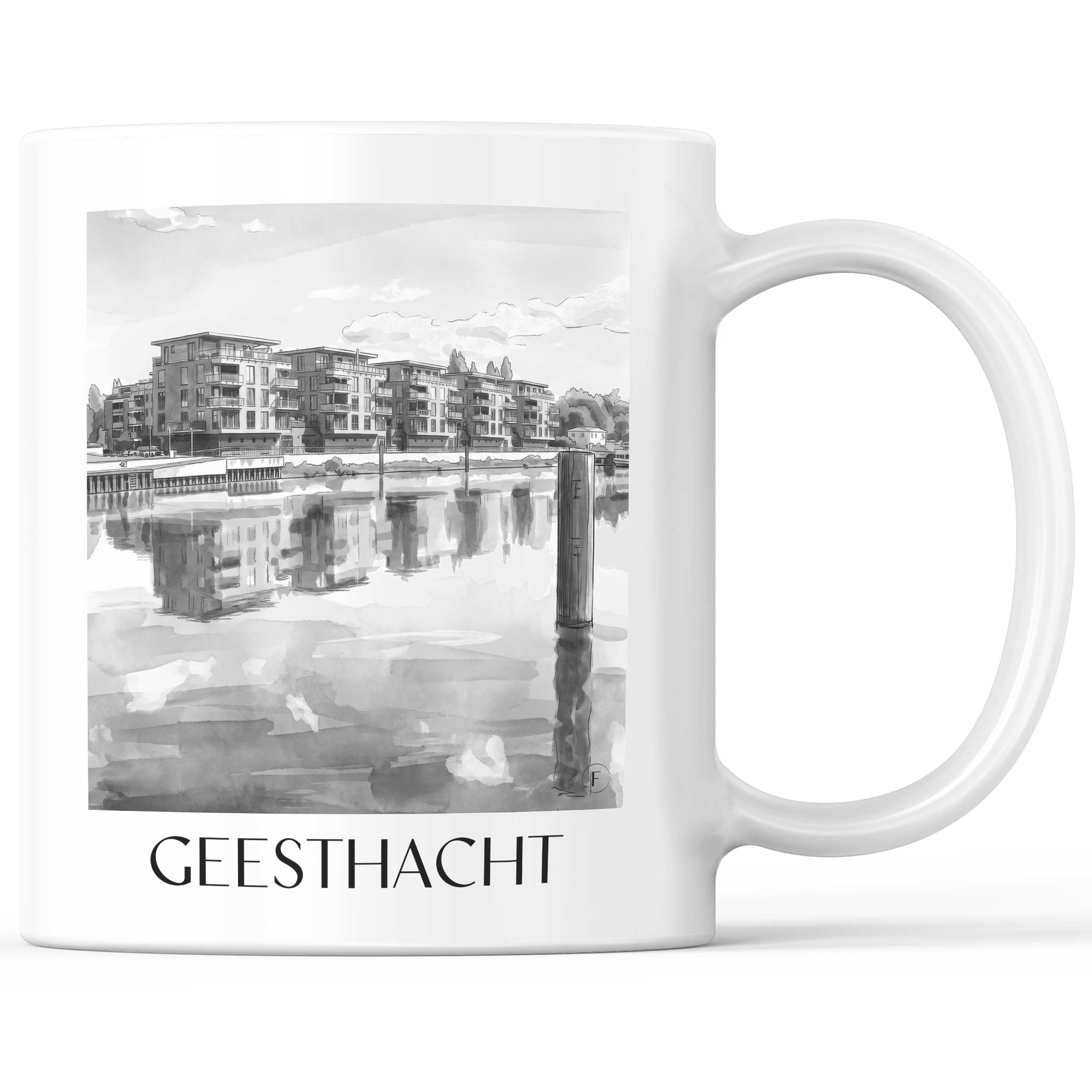Geesthacht Kaffeebecher - Schleswig-Holstein - Deutschland Becher - Kaffeetasse im Aquarell Schwarz-Weiß Stil