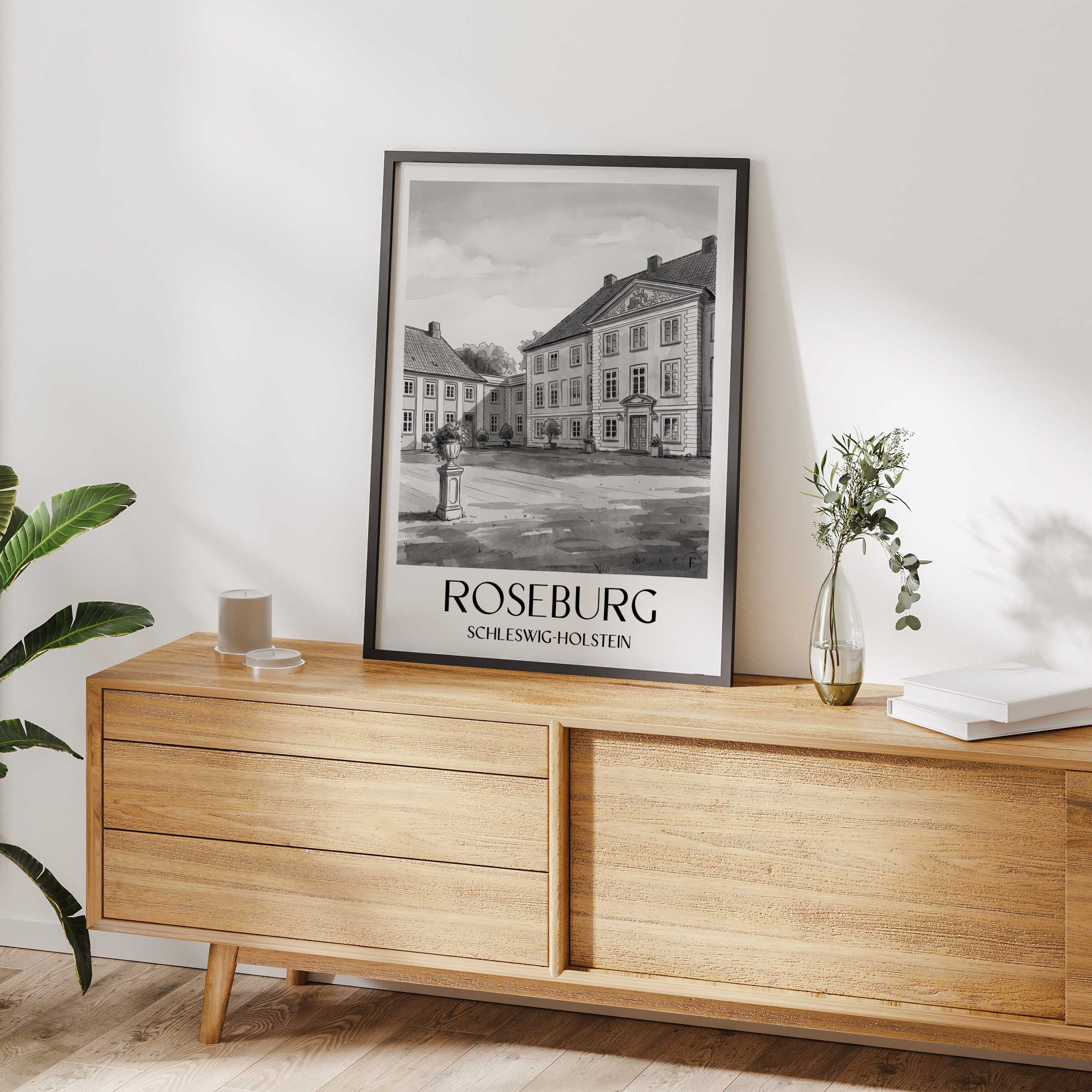 roseburg-schleswig-holstein-deutschland-poster-aquarell-schwarz-weiss