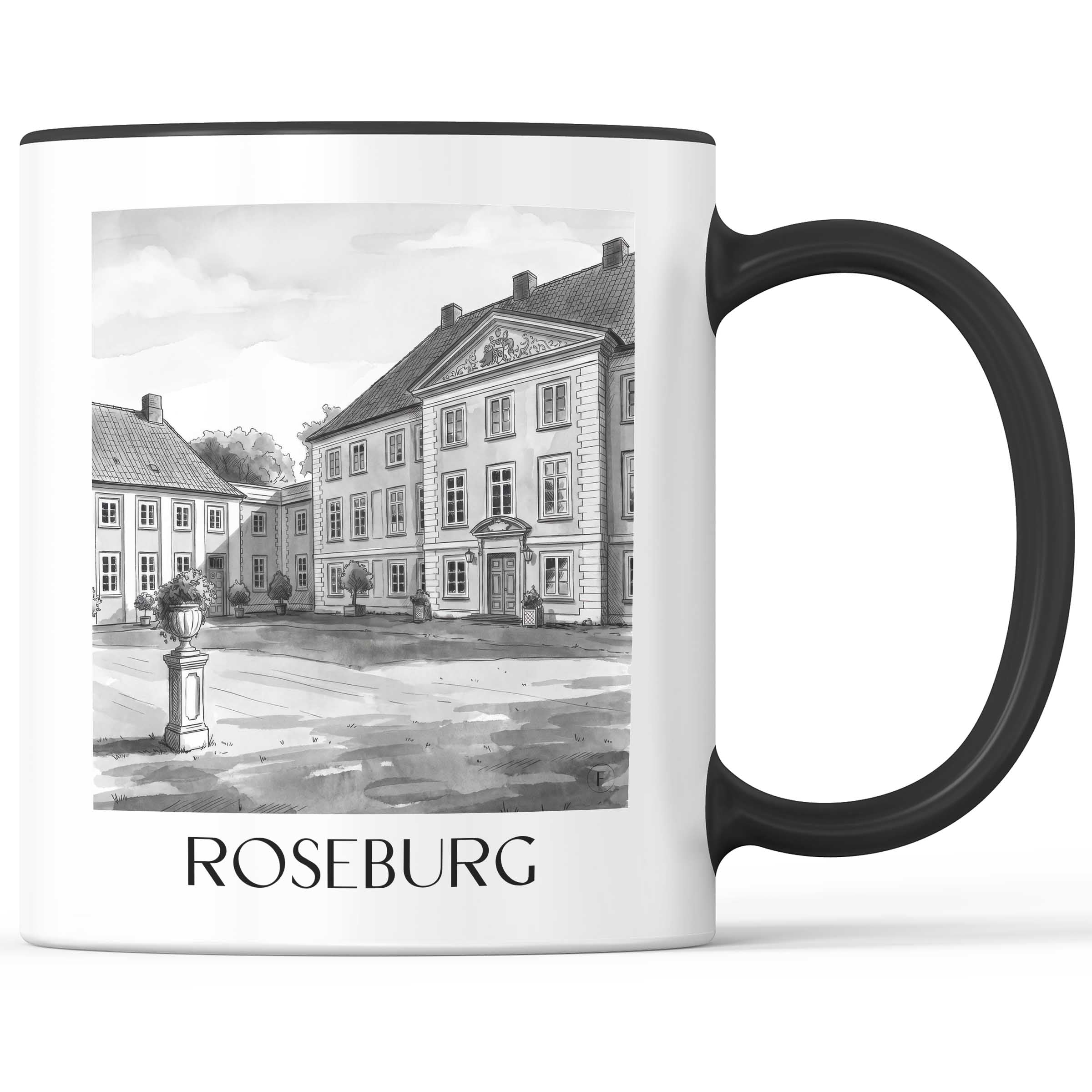 Roseburg Kaffeebecher - Schleswig-Holstein - Deutschland Becher - Kaffeetasse im Aquarell Schwarz-Weiß Stil