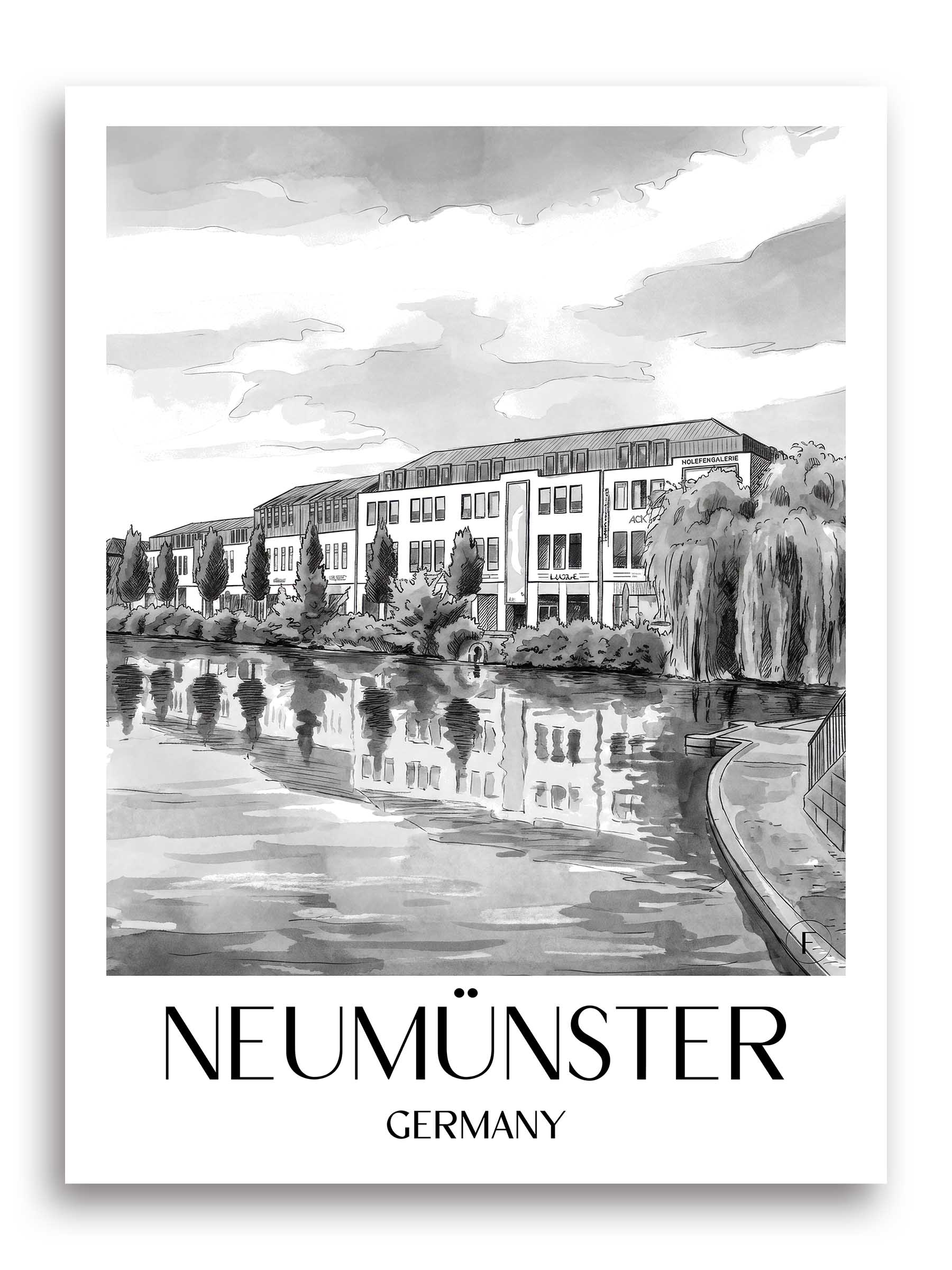 Neumünster Poster - Schleswig-Holstein - Deutschland Kunstdruck - Aquarell Schwarz-Weiß von A4 bis A1