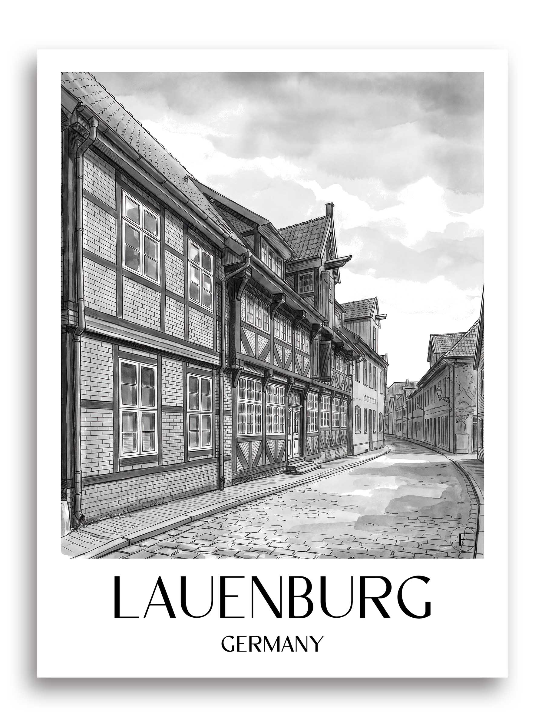 Lauenburg Poster - Schleswig-Holstein - Deutschland Kunstdruck - Aquarell Schwarz-Weiß von A4 bis A1