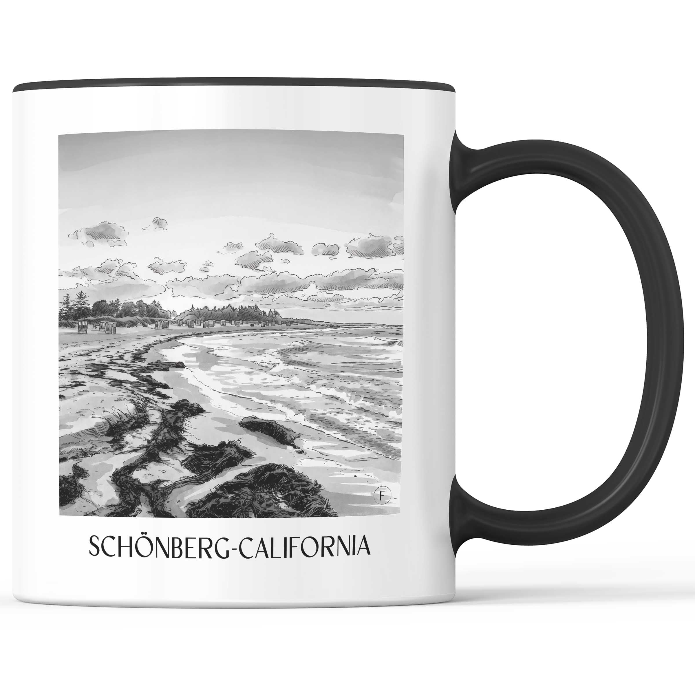 Schönberg-Kalifornien Kaffeebecher - Schleswig-Holstein - Deutschland Becher - Kaffeetasse im Aquarell Schwarz-Weiß Stil